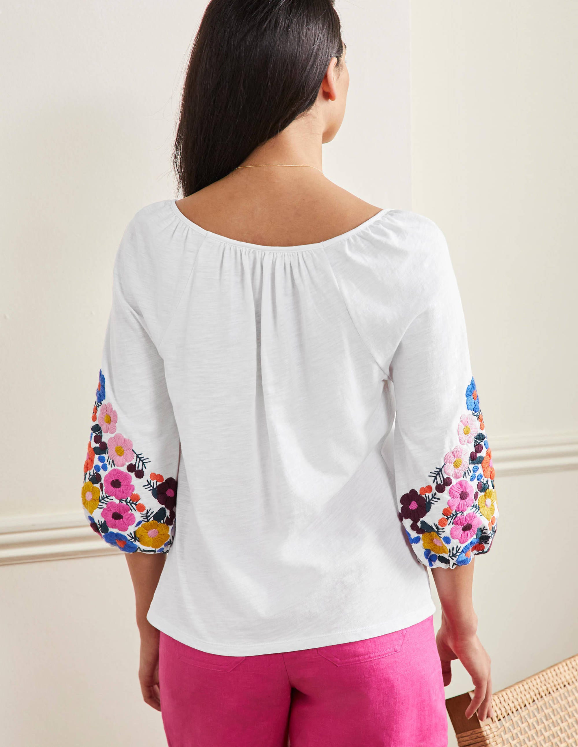Poppy Embroidered Jersey Top-White, Multi Floral Embroidery - Image 8