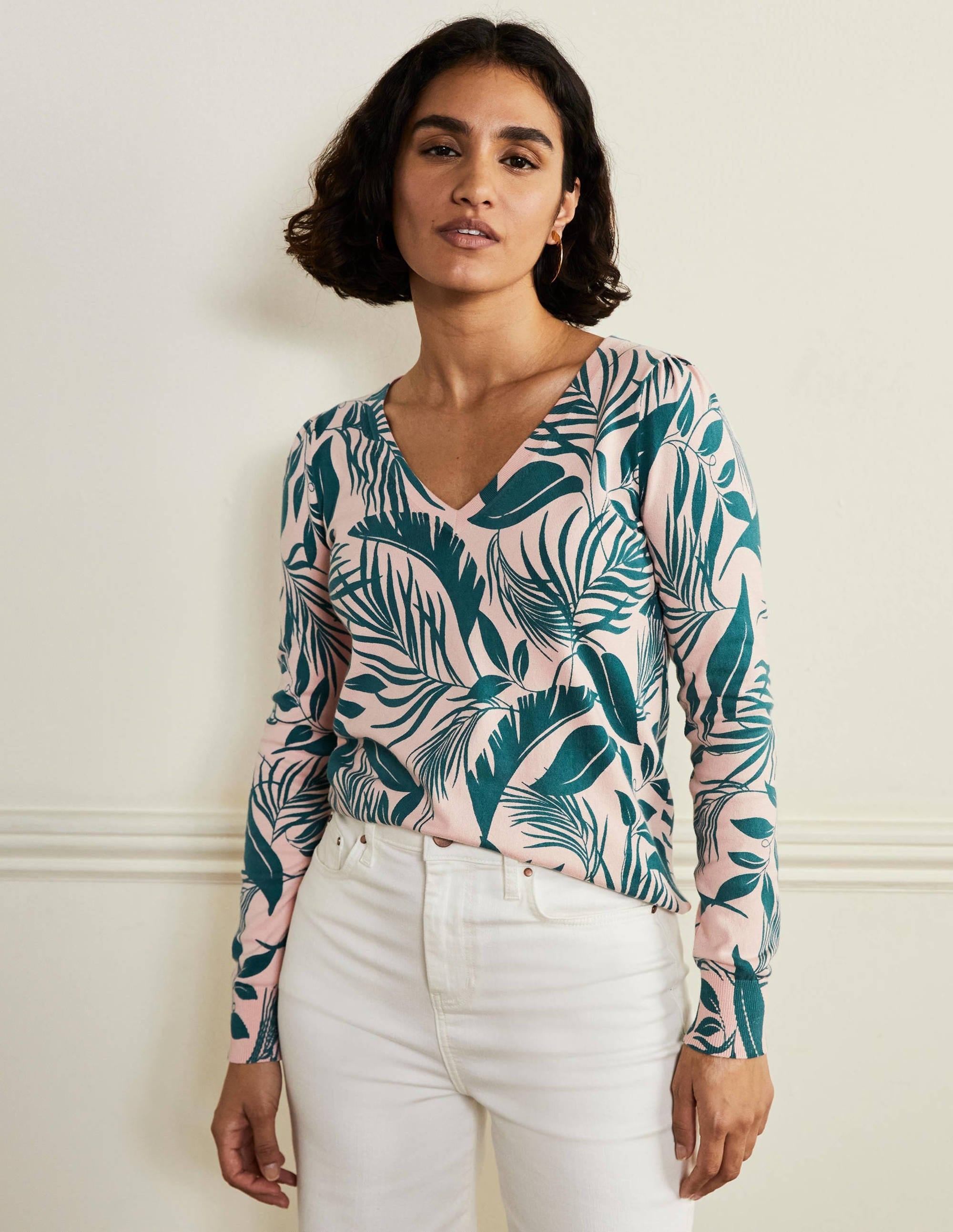 Cotton V-Neck Jumper-Milkshake, Tropic Foliage - Image 1