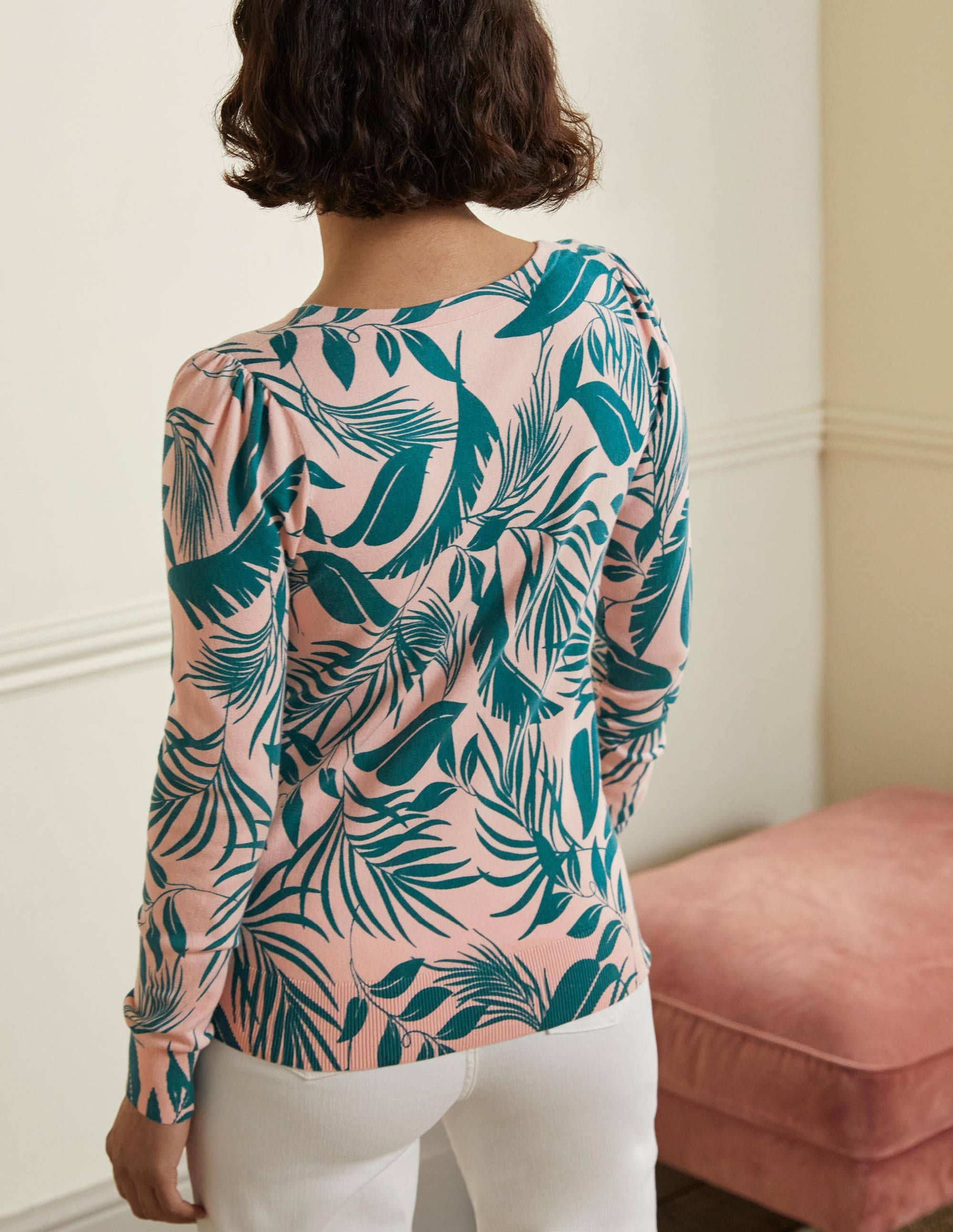 Cotton V-Neck Jumper-Milkshake, Tropic Foliage - Image 3
