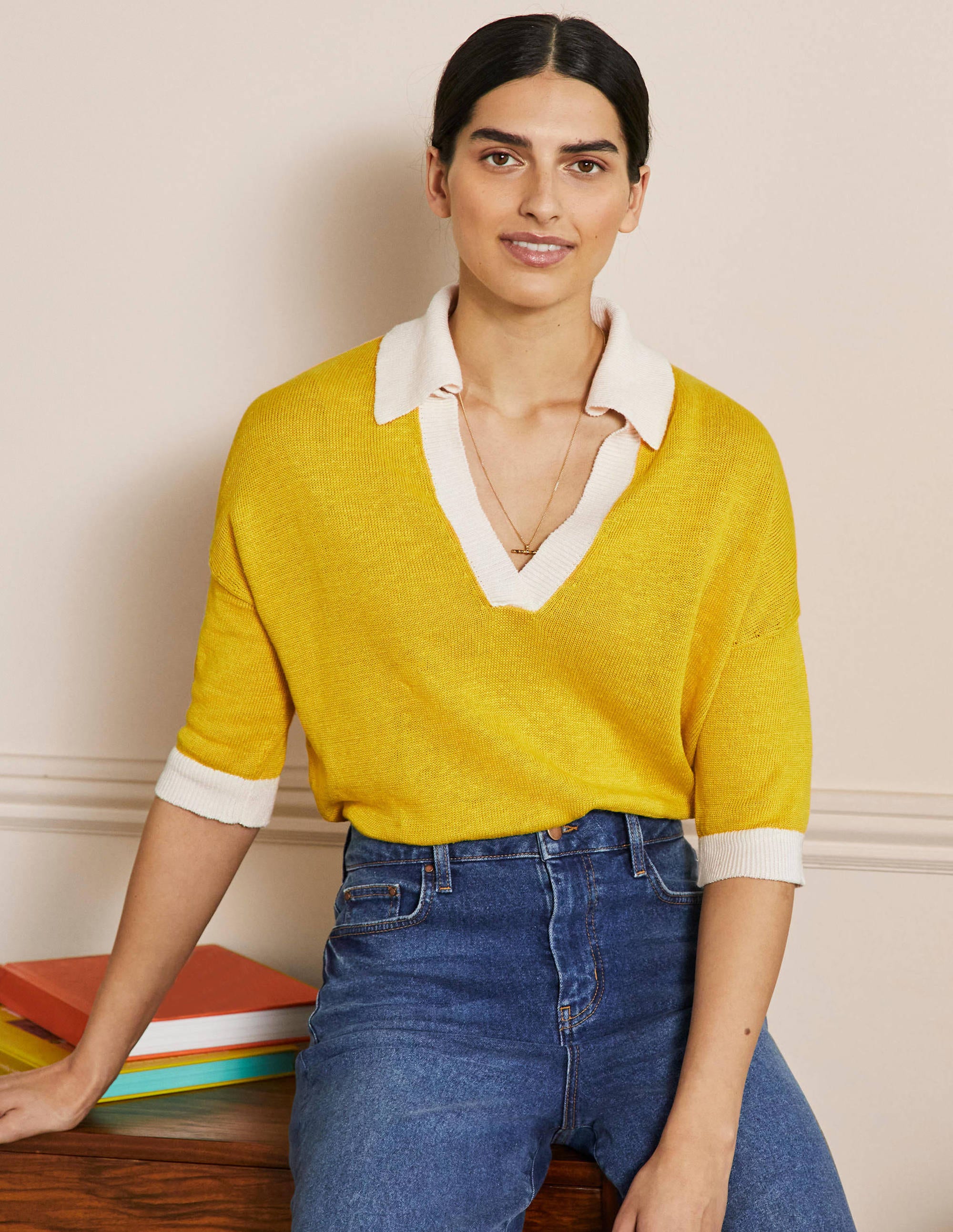 Linen Collared Jumper-Lemon Fizz, Ivory - Image 1