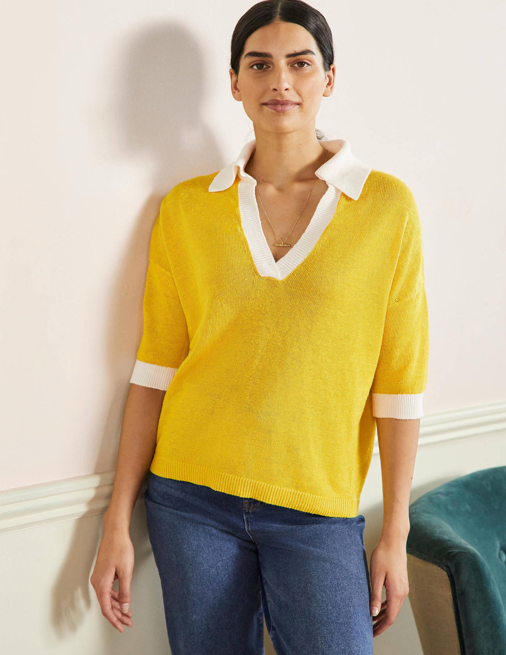 Linen Collared Jumper-Lemon Fizz, Ivory - Image 4