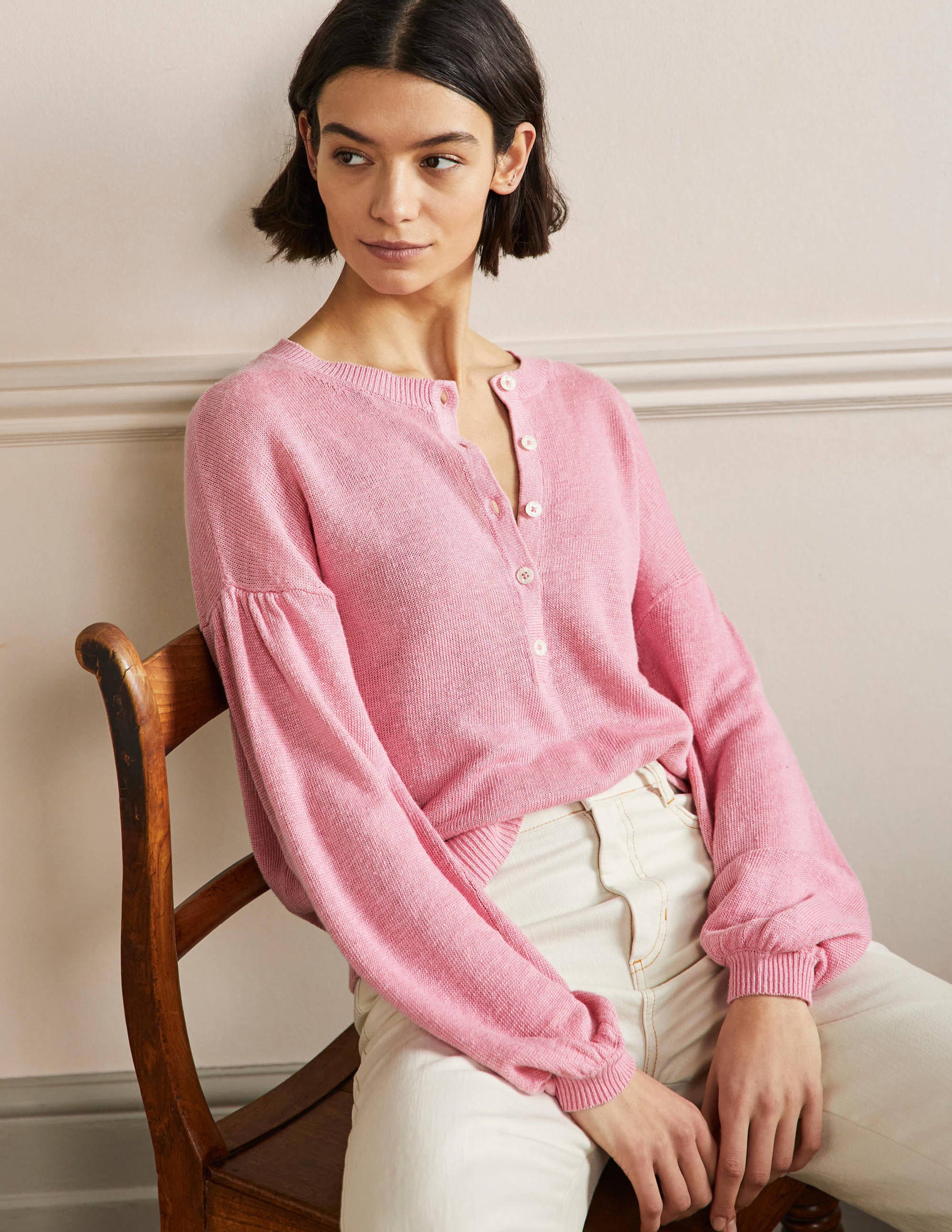 Leandra Linen Henley Jumper-Posy Pink - Image 1