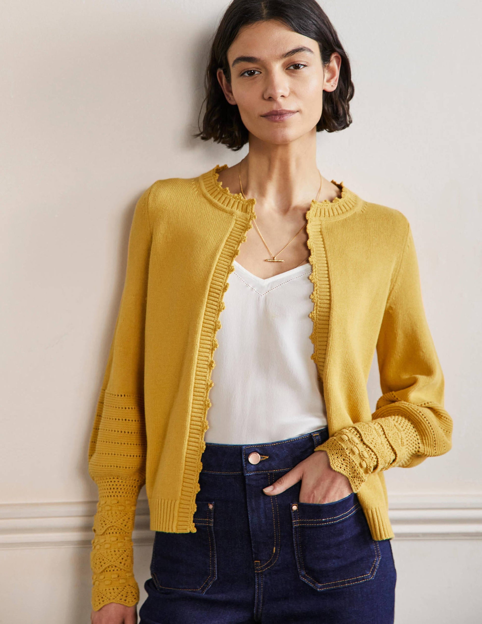 Sleeve Detail Knitted Cardigan-Butter-1