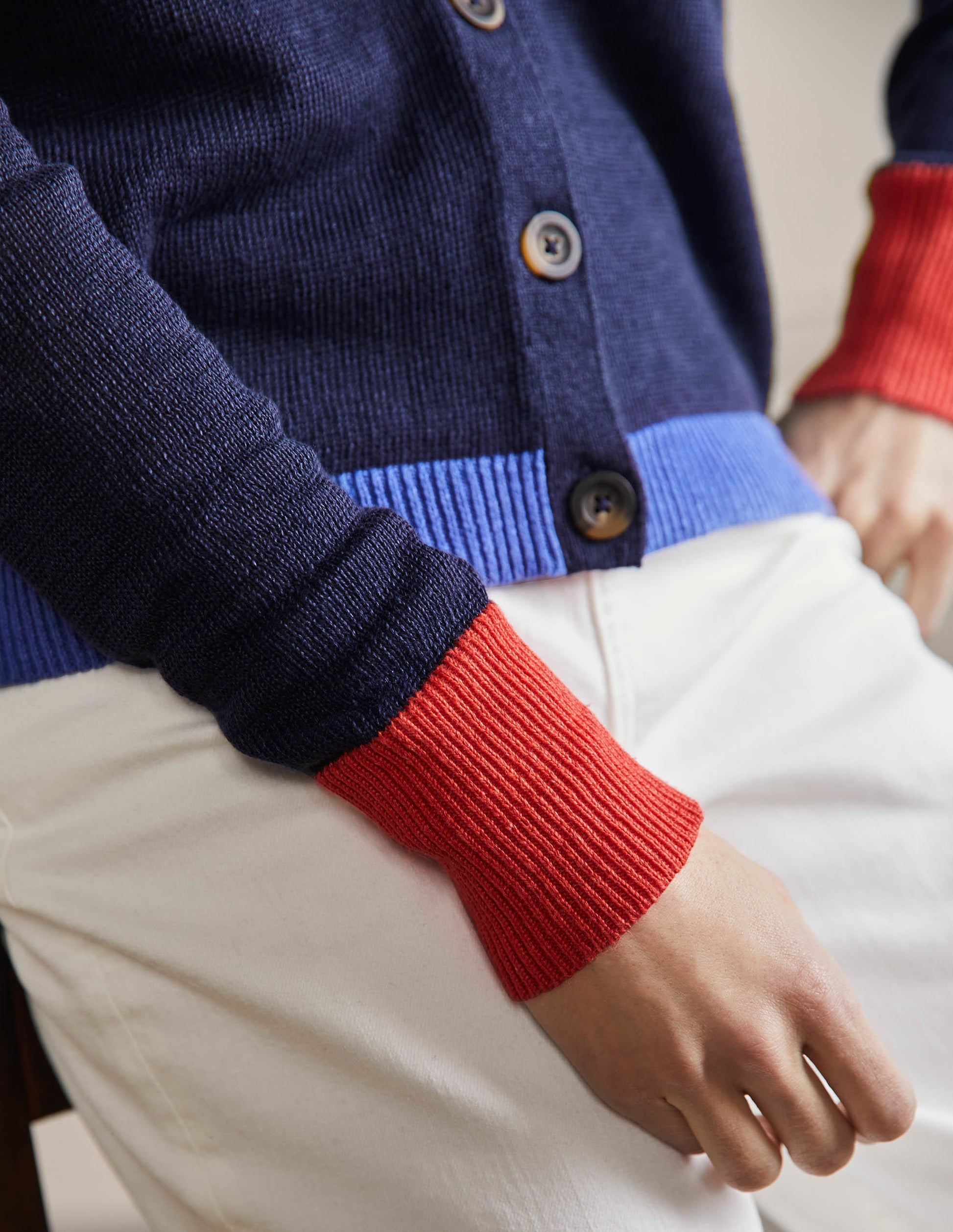 Colourblock Linen Cardigan-Navy Colourblock-2