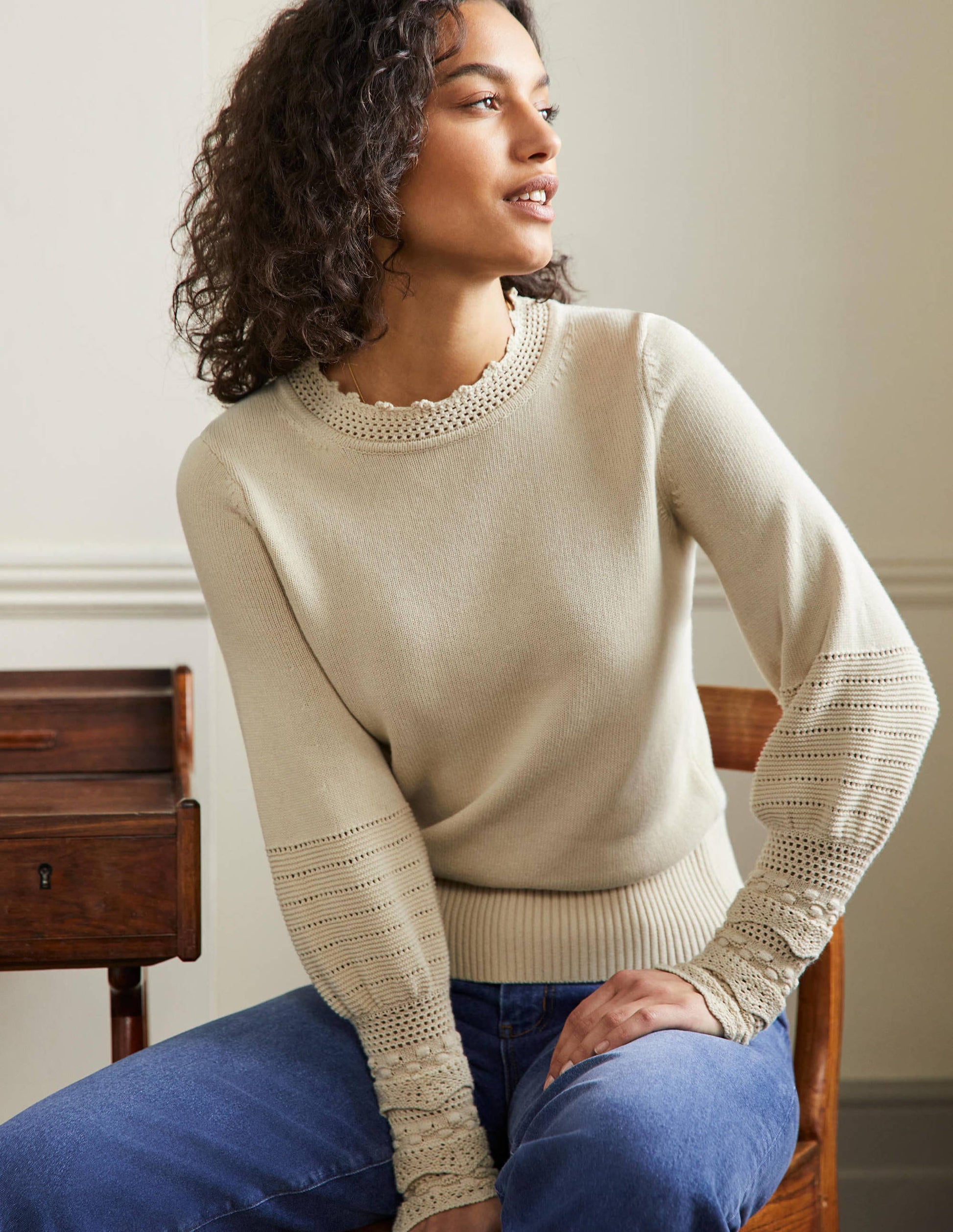 Sleeve Detail Knitted Jumper-Oatmeal-1