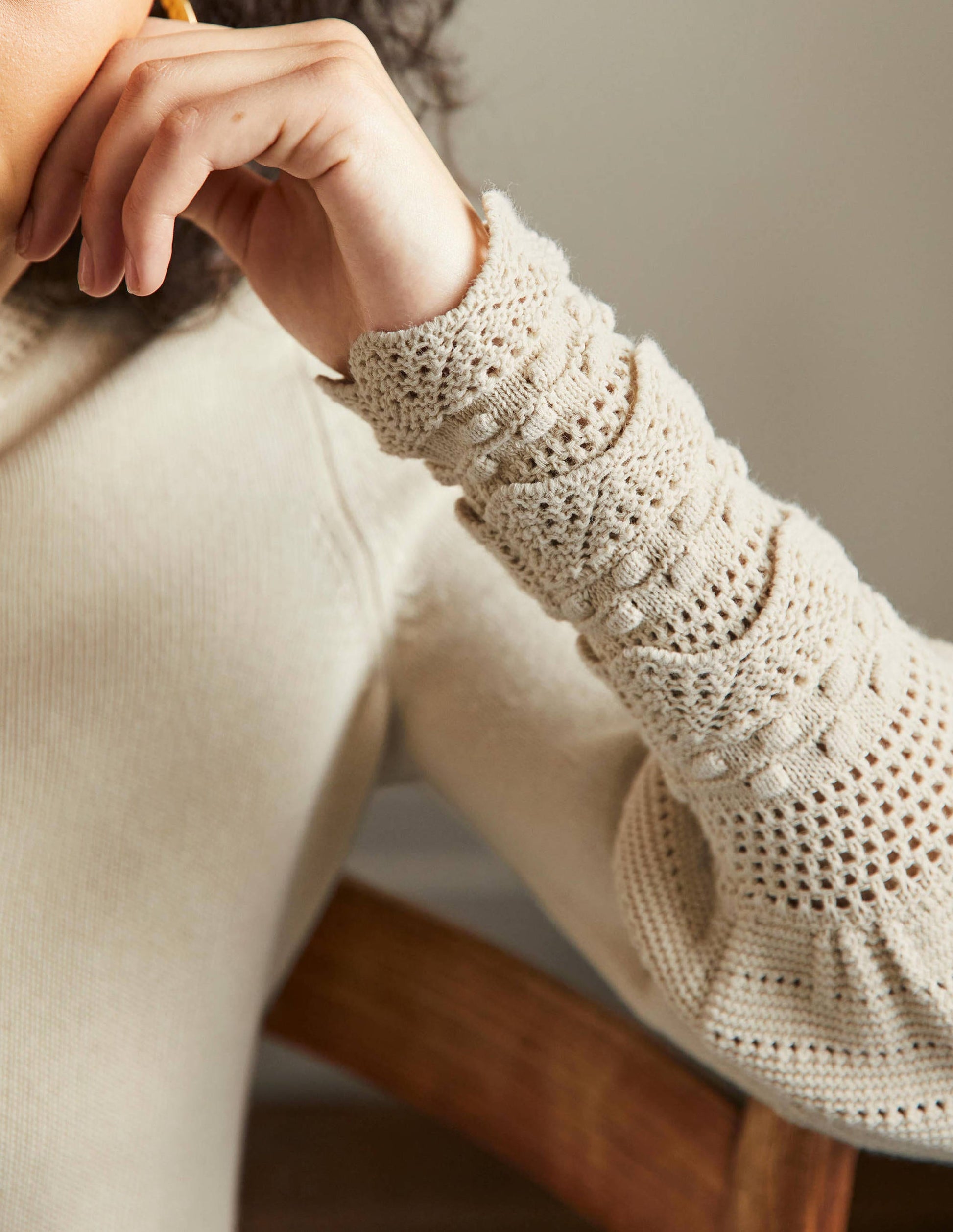 Sleeve Detail Knitted Jumper-Oatmeal-2