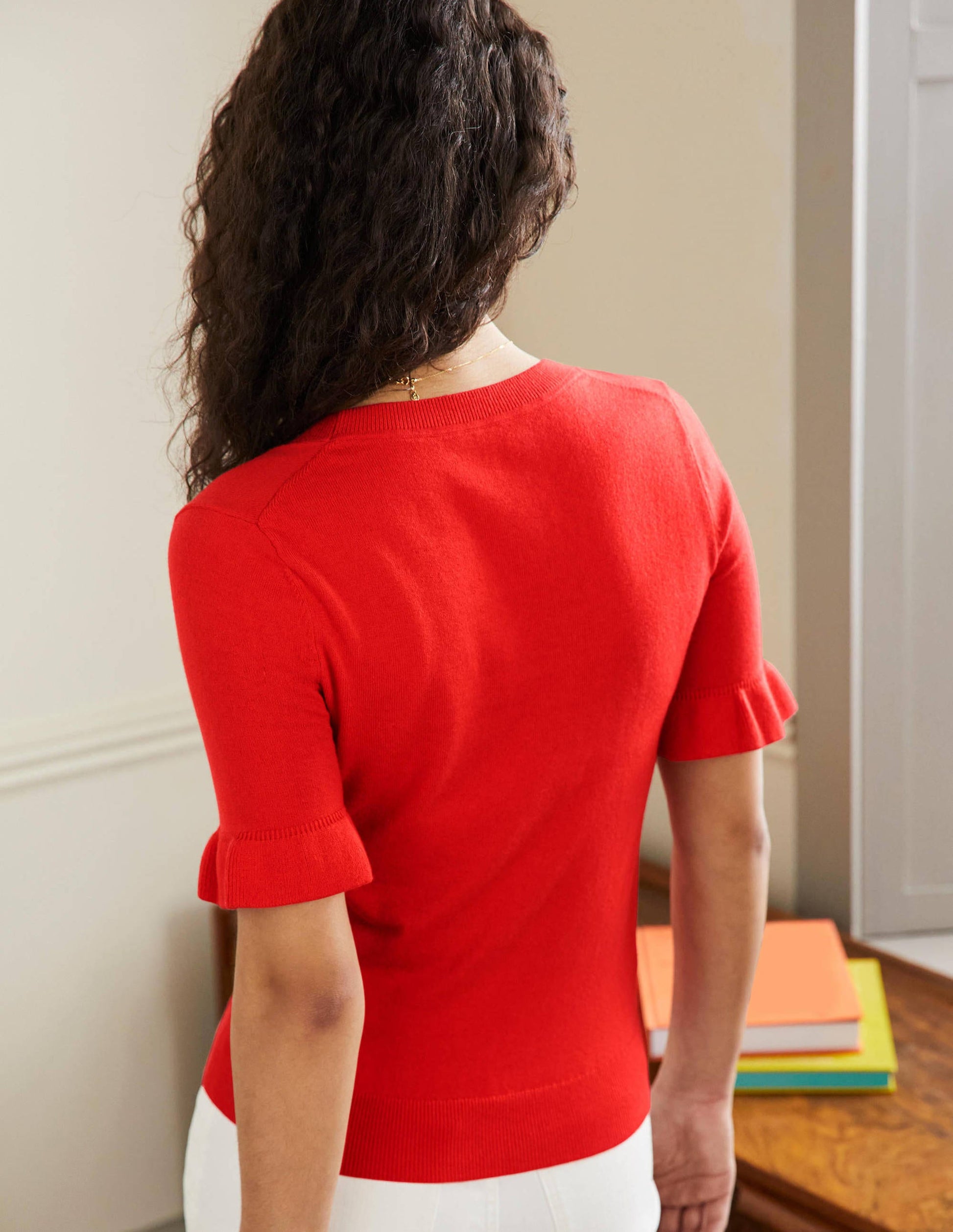 Frill Sleeve Knitted T-Shirt-Bright Poppy-3