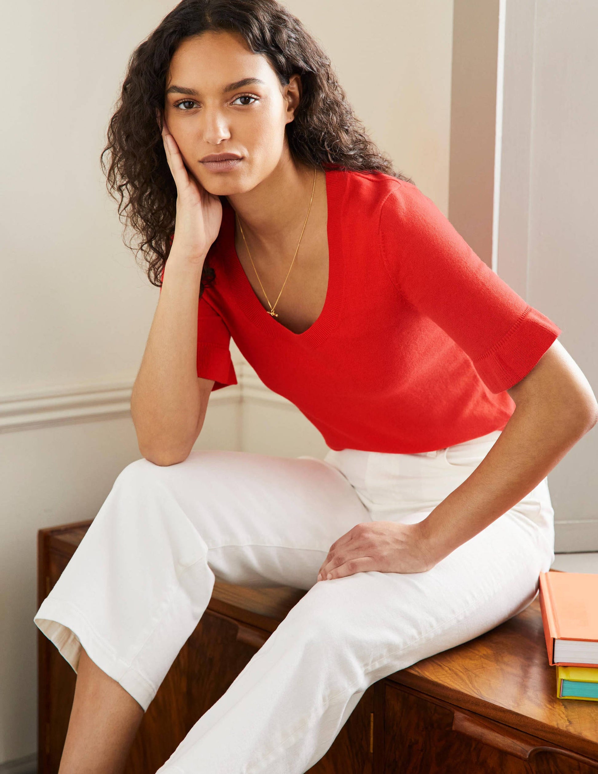Frill Sleeve Knitted T-Shirt-Bright Poppy-4