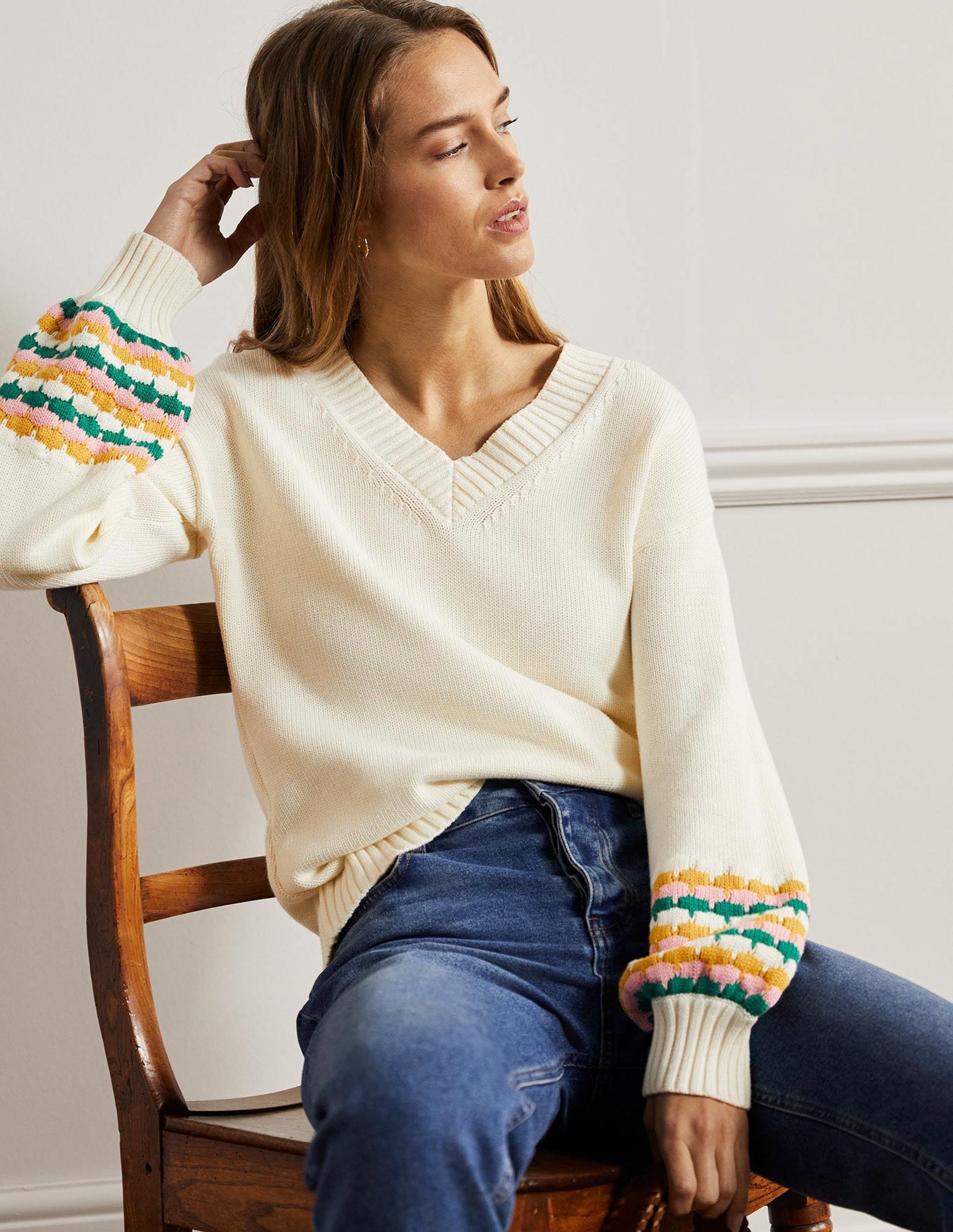 Stitch Cuff V-neck Jumper-Ivory, Stripe-5