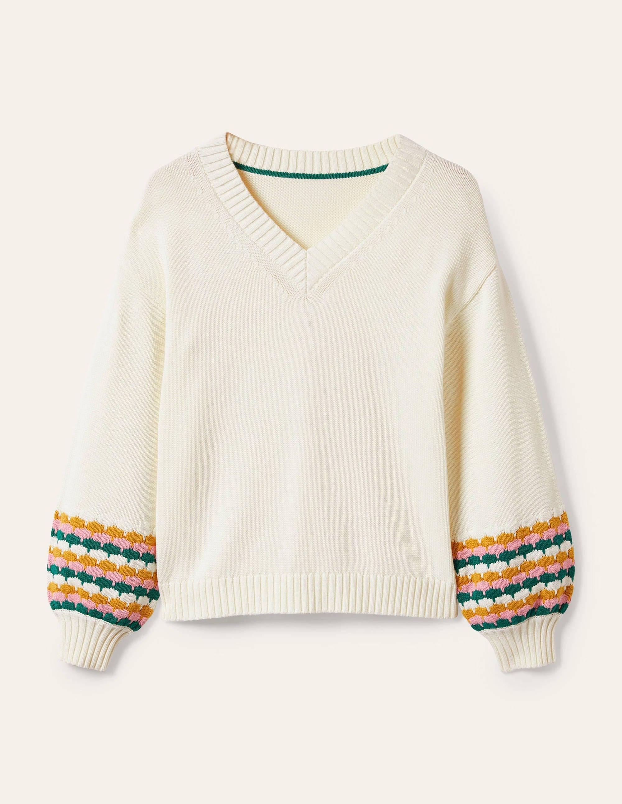 Stitch Cuff V-neck Jumper-Ivory, Stripe - Image 8