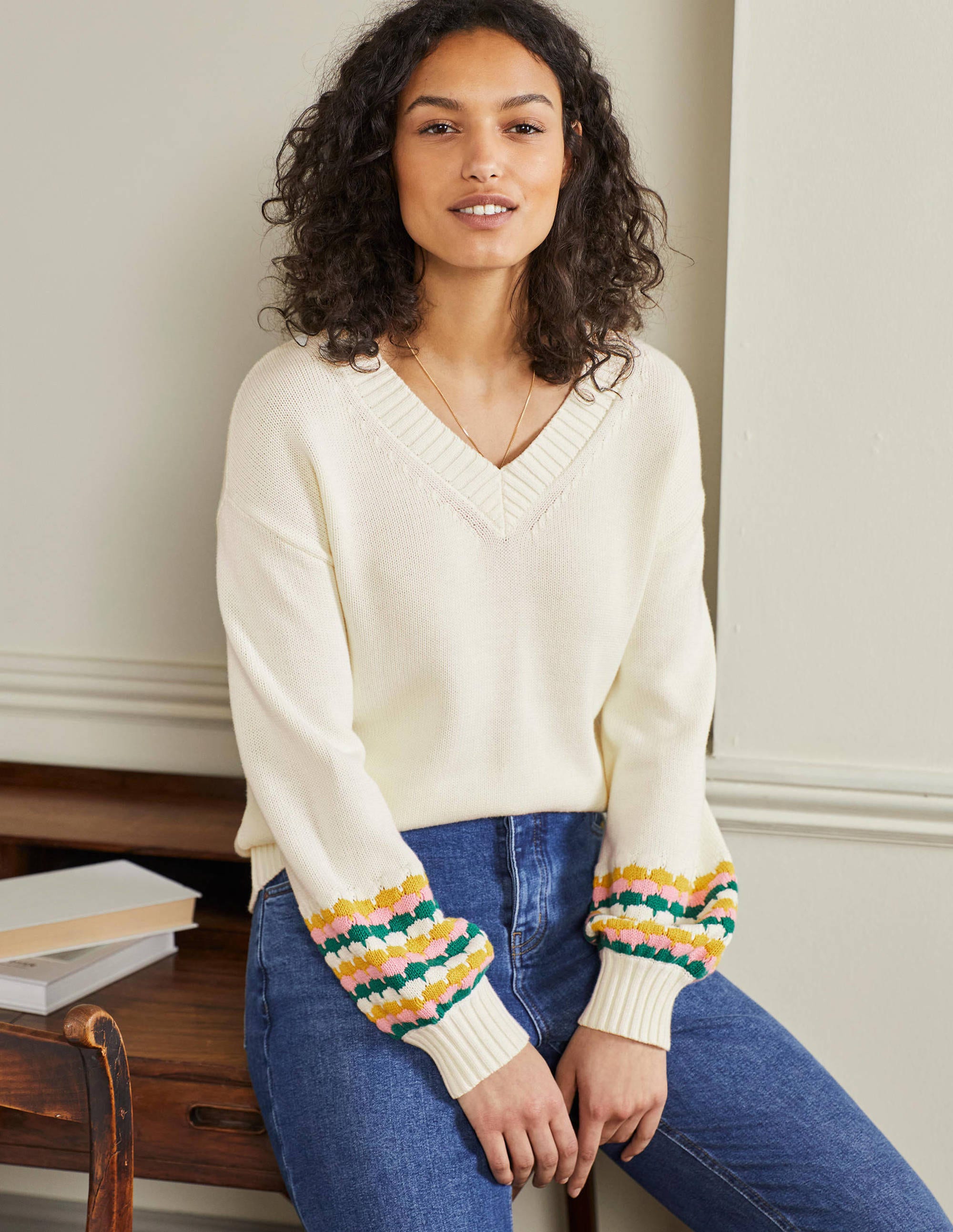 Stitch Cuff V-neck Jumper-Ivory, Stripe - Image 1