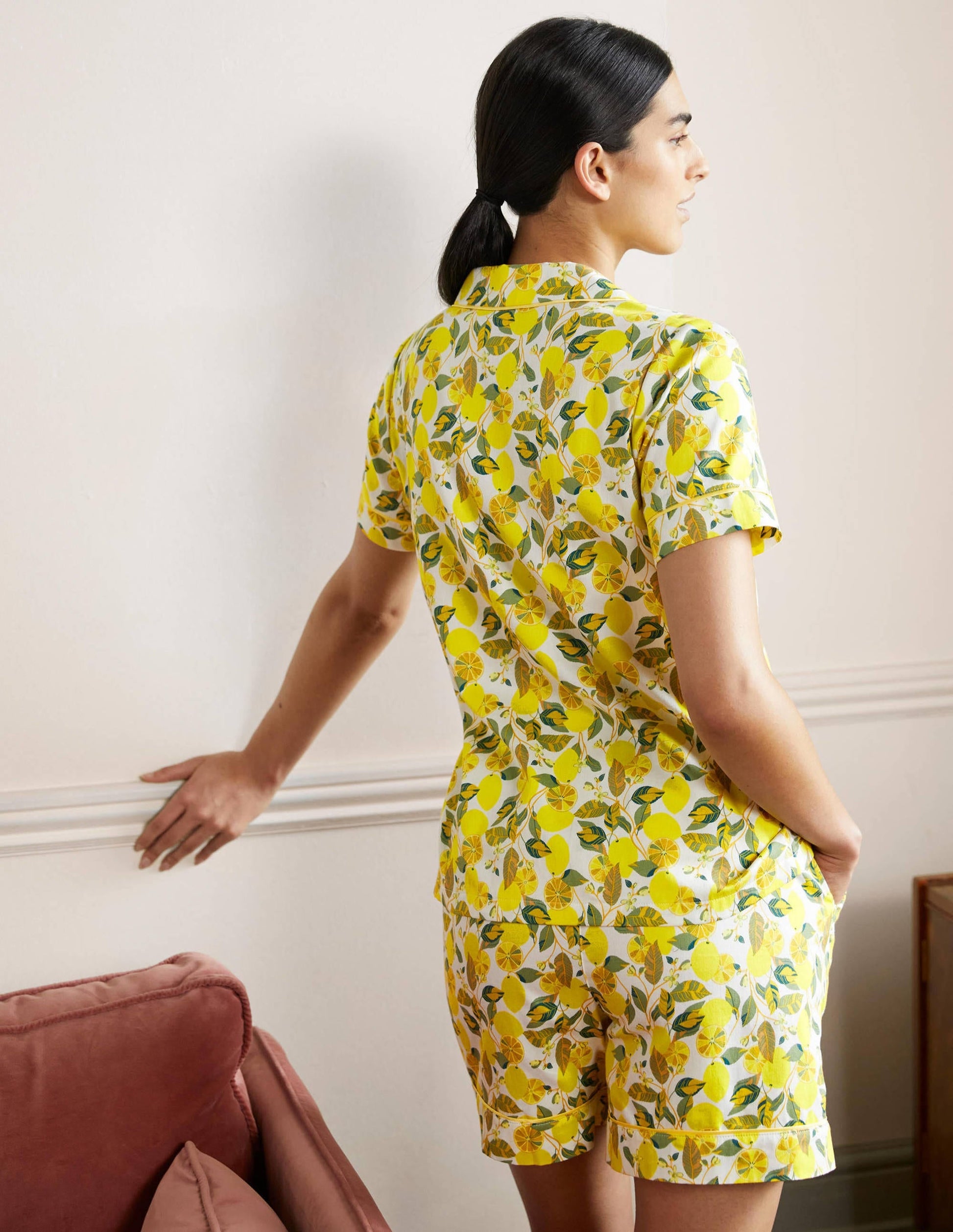 Short Sleeve Pyjama Shirt-Ivory, Lemon Vine-3