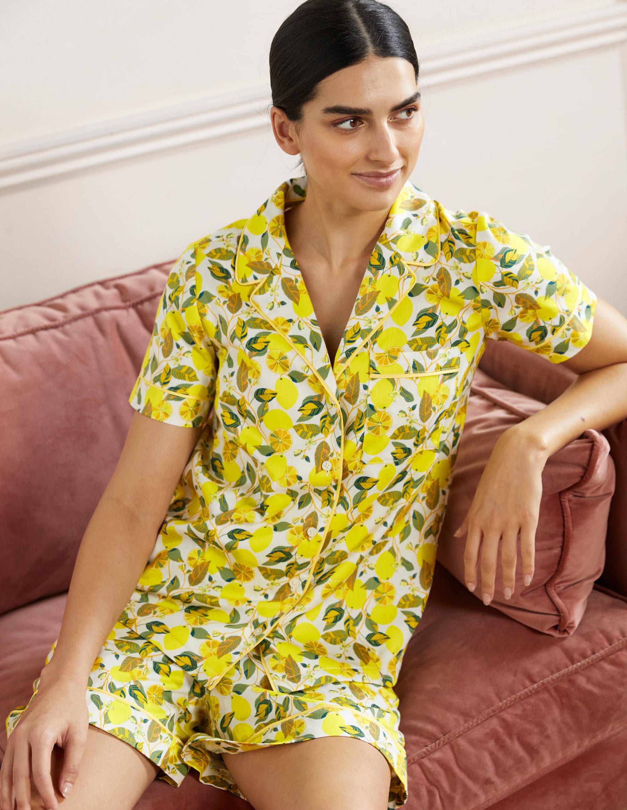 Short Sleeve Pyjama Shirt-Ivory, Lemon Vine - Image 4