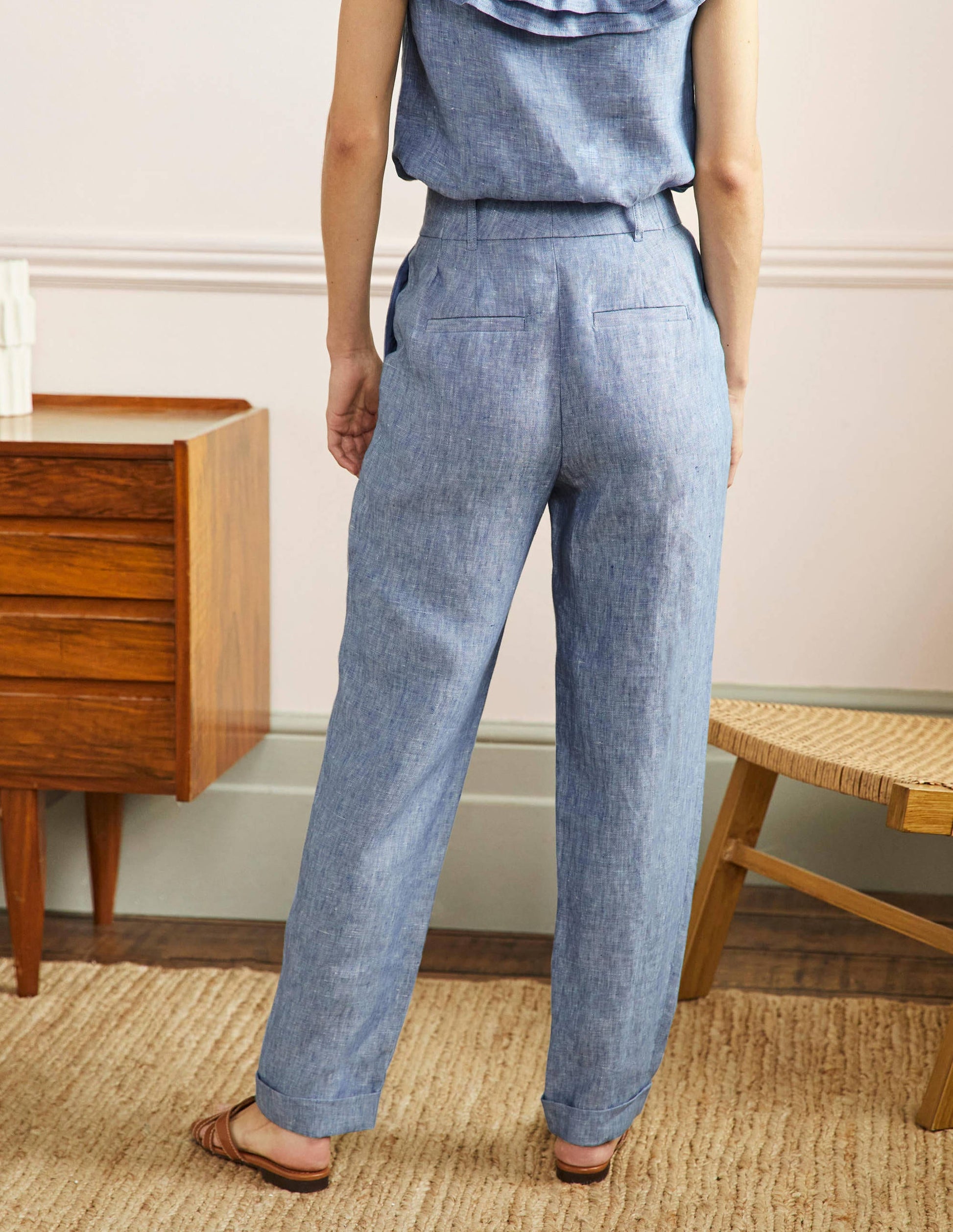 Turn Up Linen Trousers-Grey Blue Chambray-3