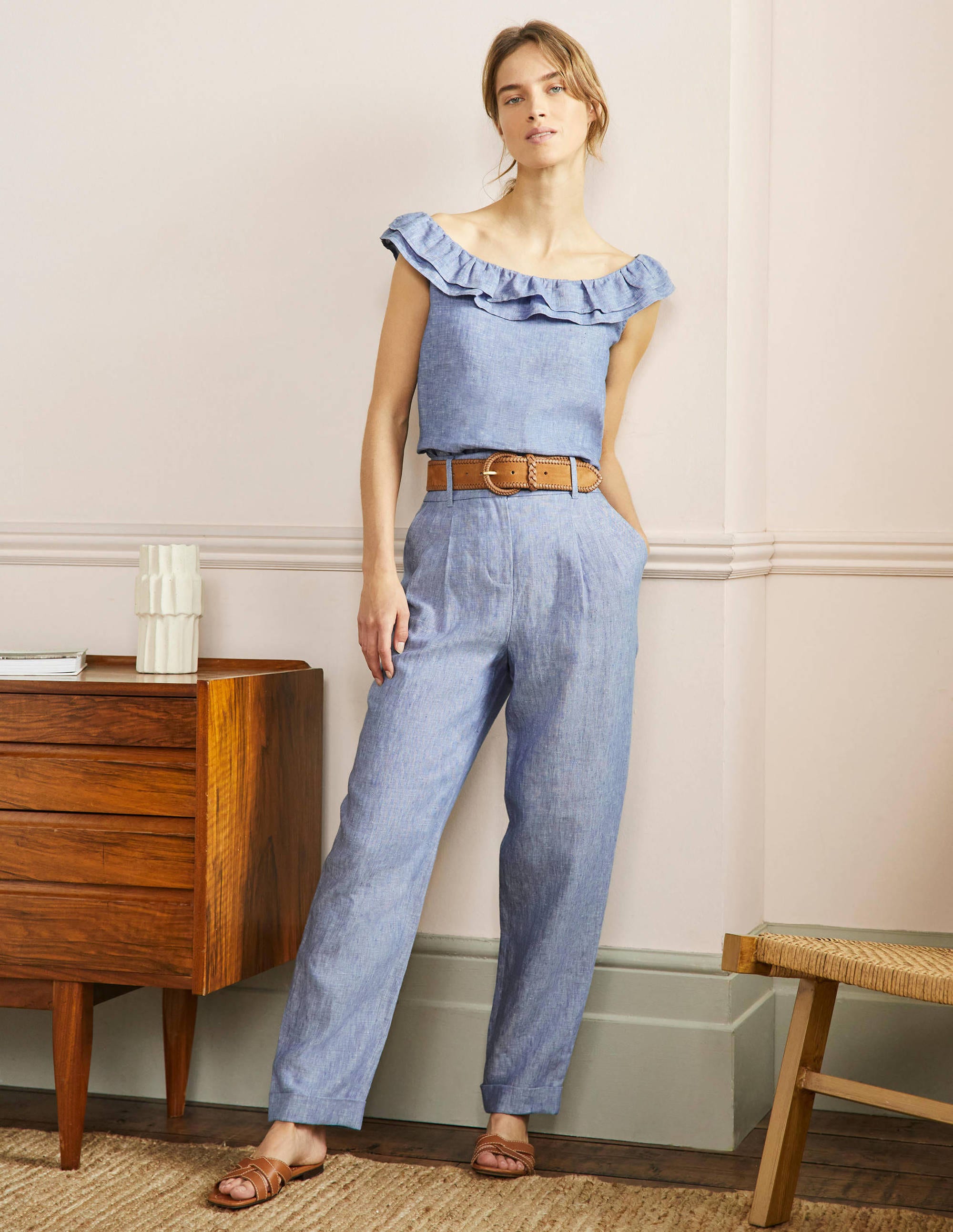 Turn Up Linen Trousers-Grey Blue Chambray - Image 5