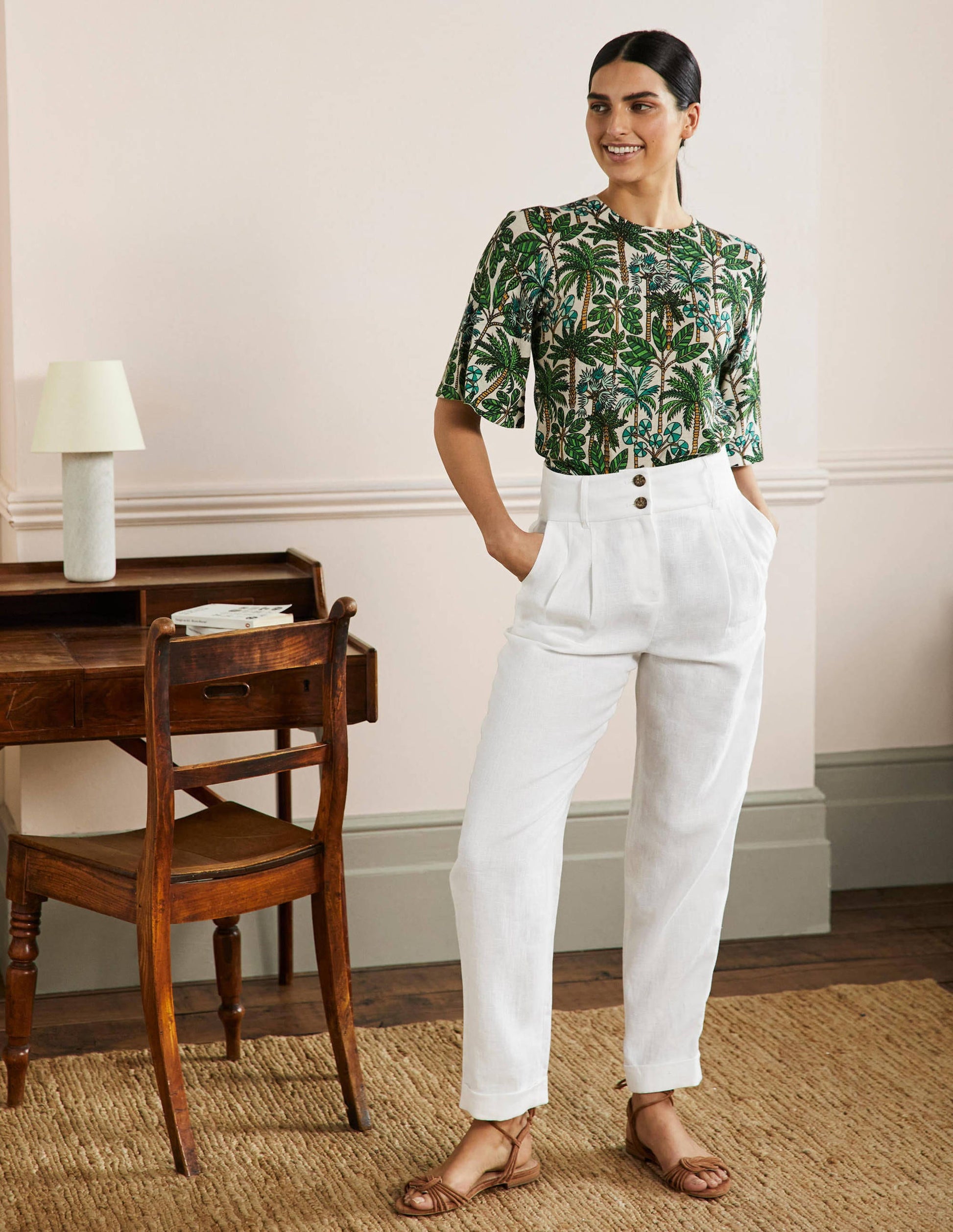 Turn Up Linen Trousers-White-1