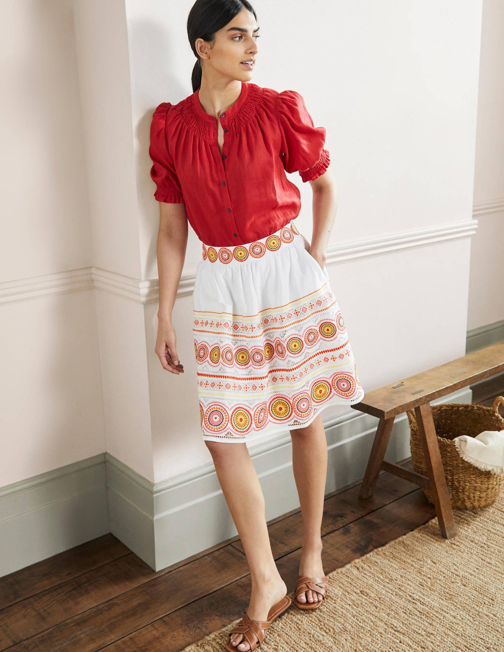 Tamsin Embroidered Linen Skirt-White, Embroidery-1