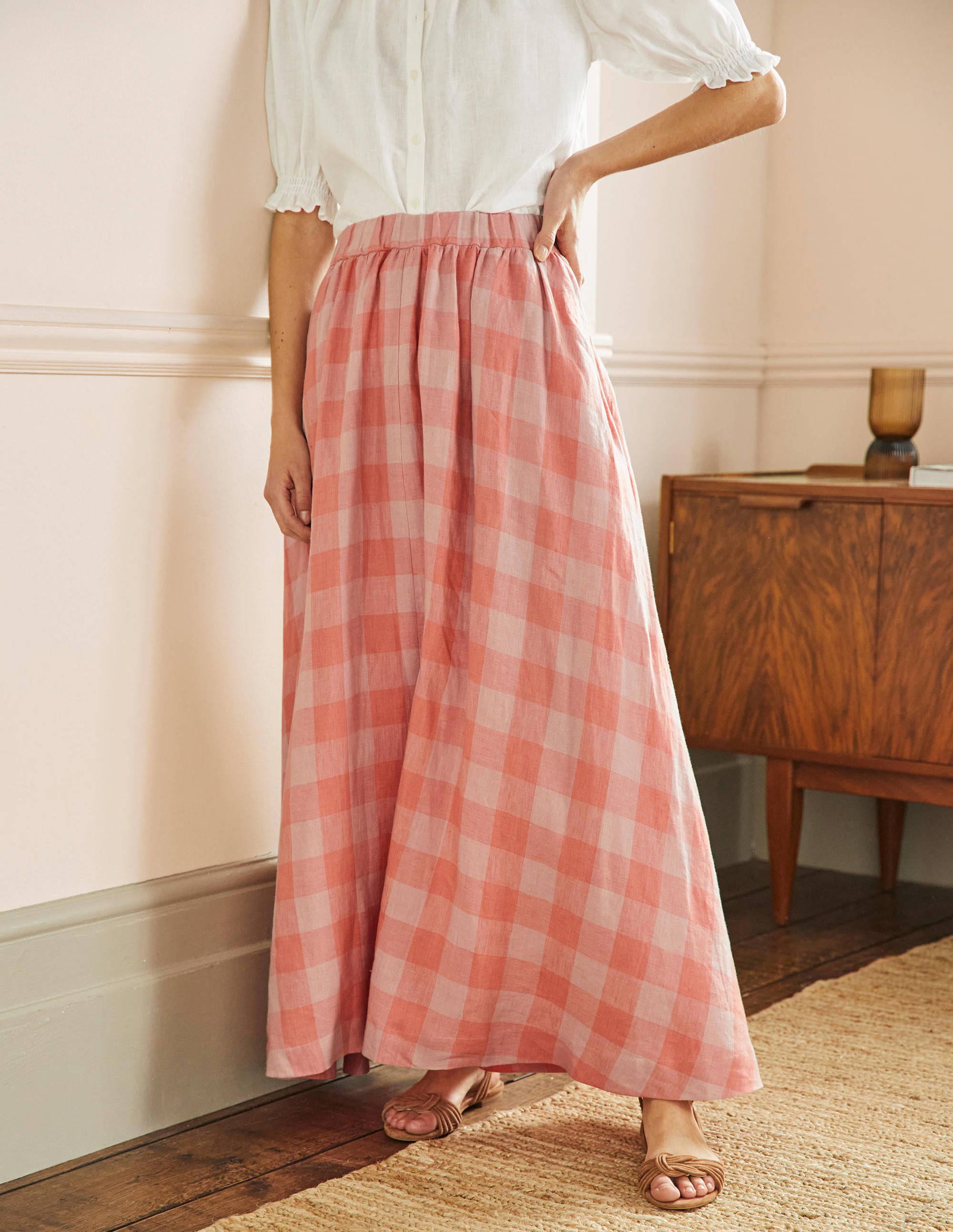 Pull-on Linen Maxi Skirt-Tonal Pink, Gingham - Image 4
