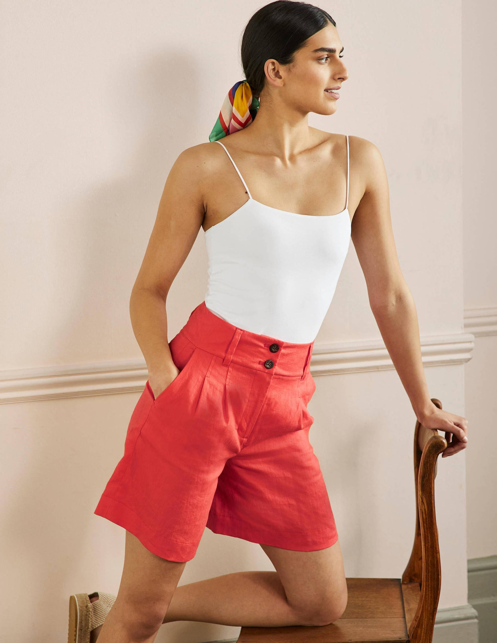 Linen Pleat Shorts-Hot Coral-1