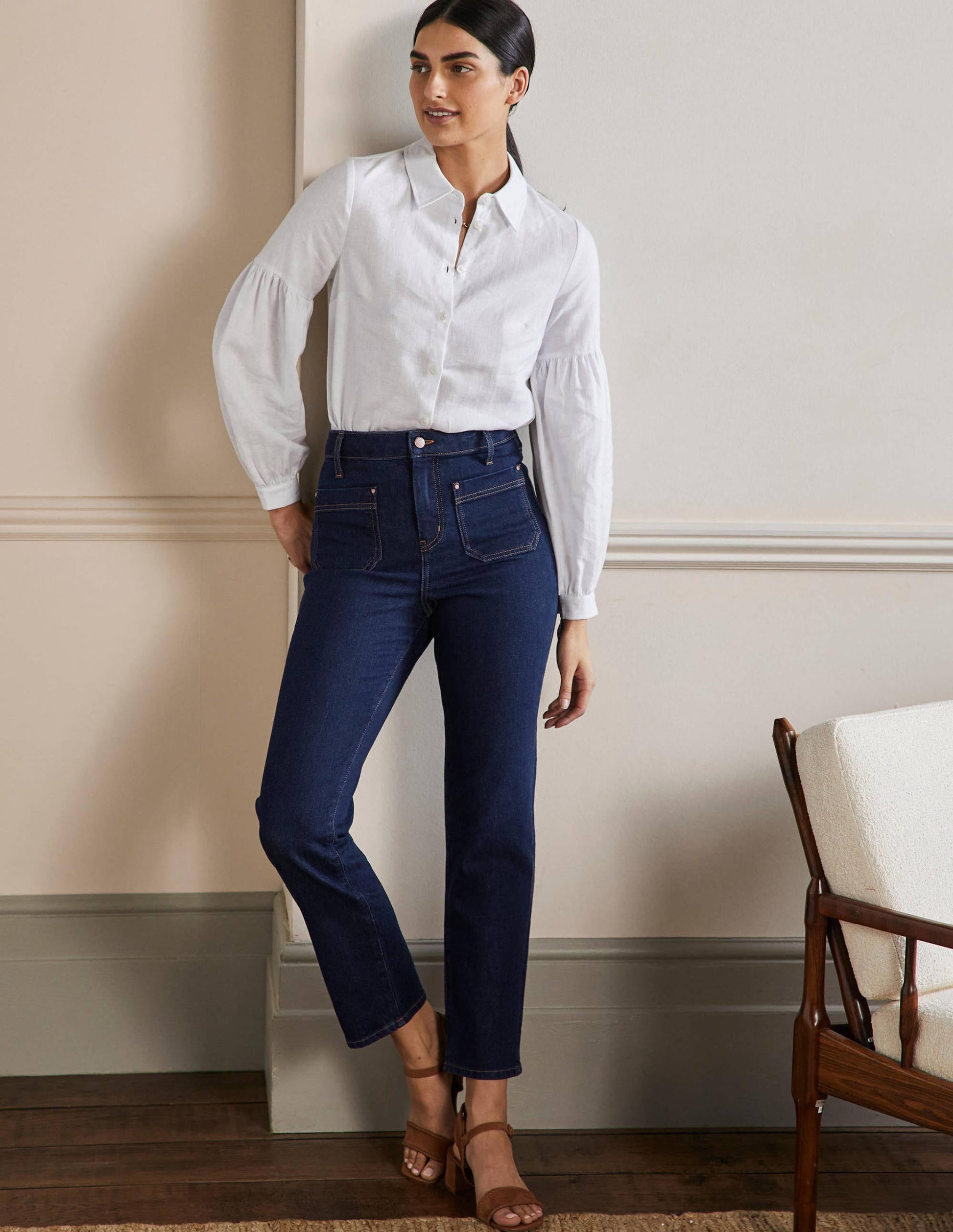 Patch Pocket Straight Jeans-Indigo-1