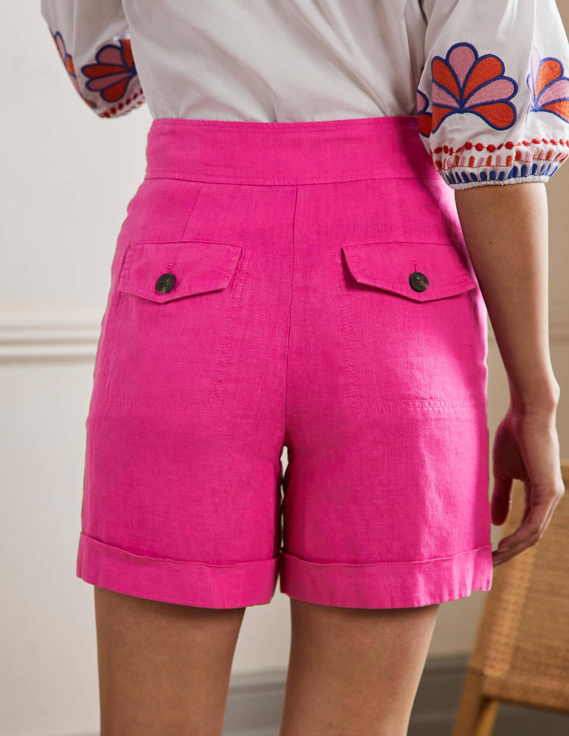 High Waisted Linen Shorts-Very Berry Pink-3