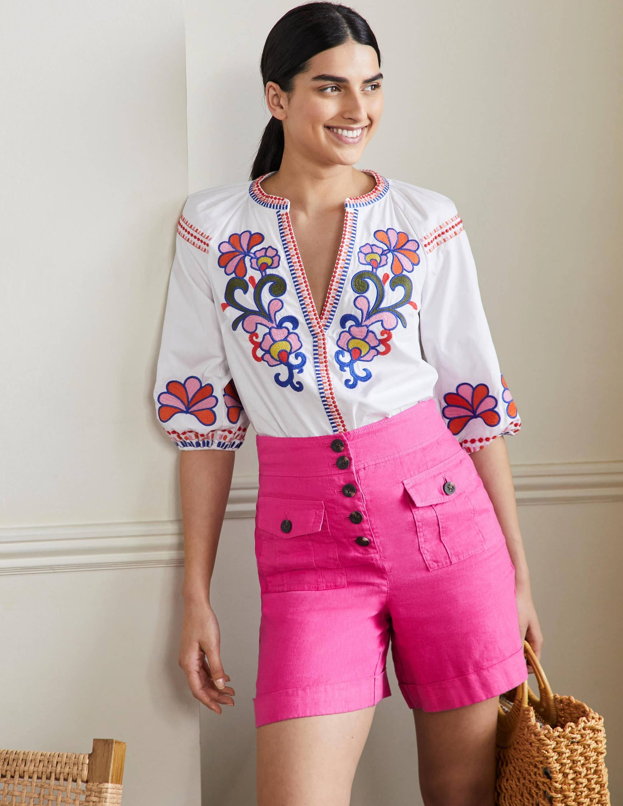 High Waisted Linen Shorts-Very Berry Pink - Image 5