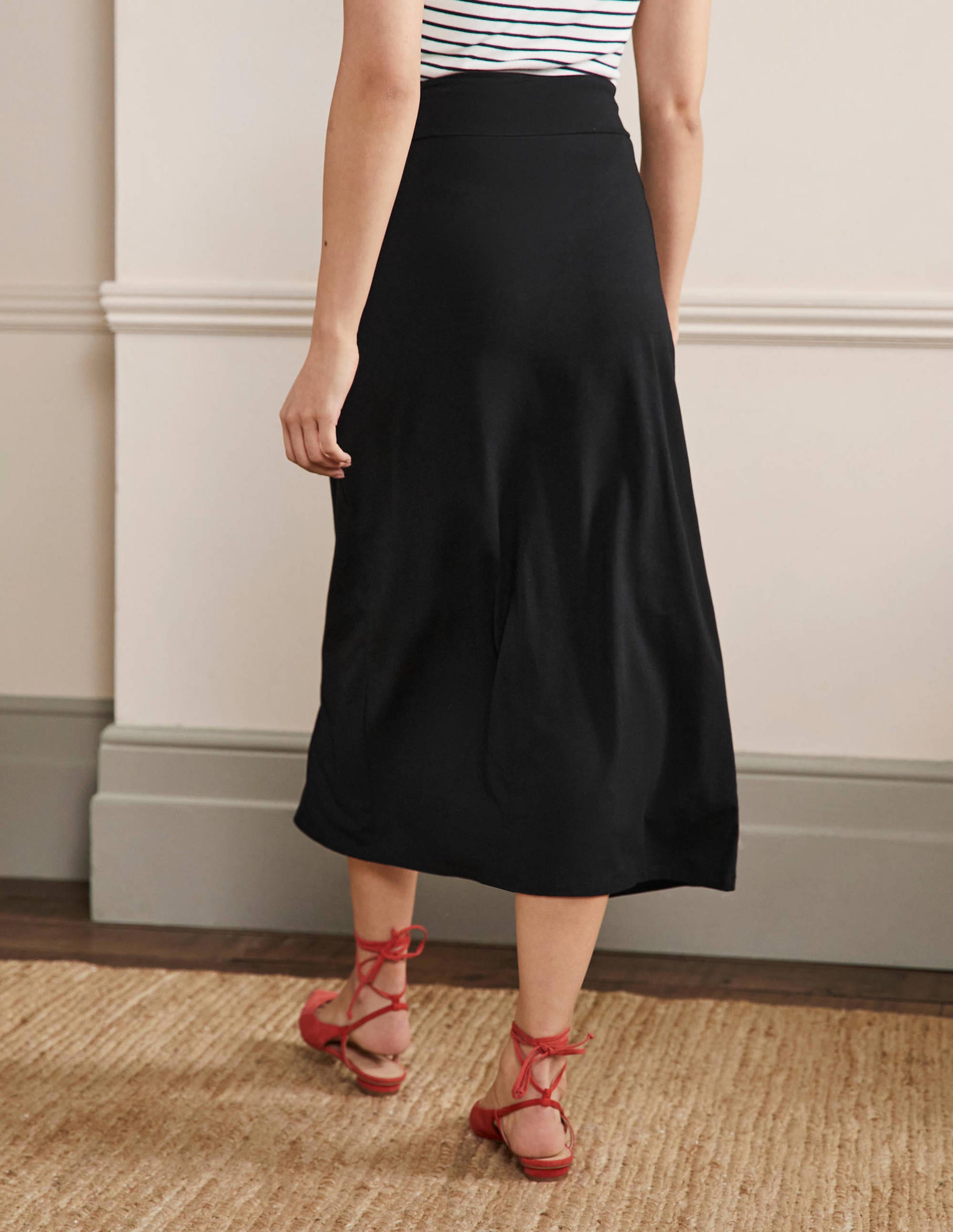 Knot Waist Jersey Midi Skirt-Black - Image 3
