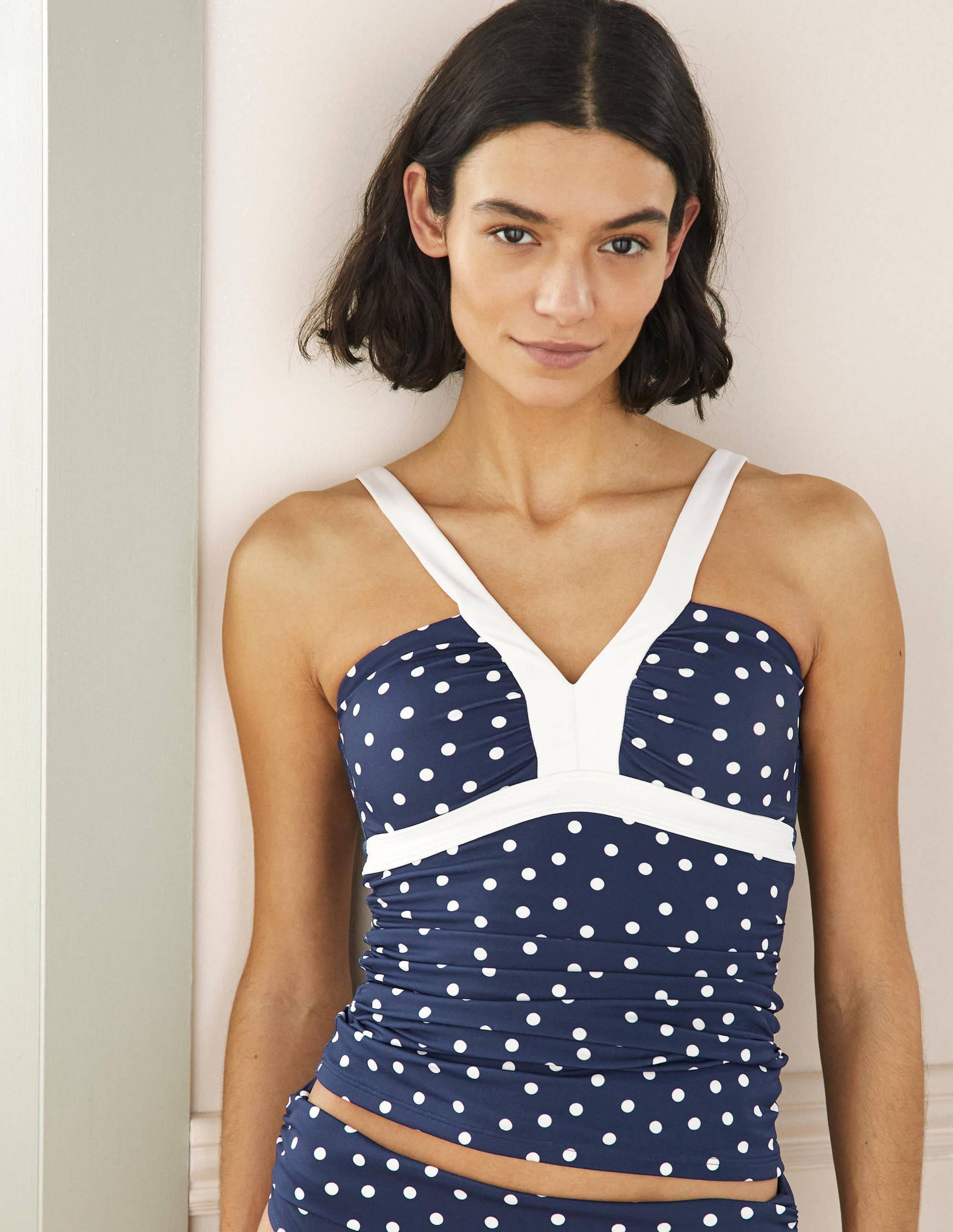 Corsica V-neck Tankini Top-French Navy, Pin Dot-1