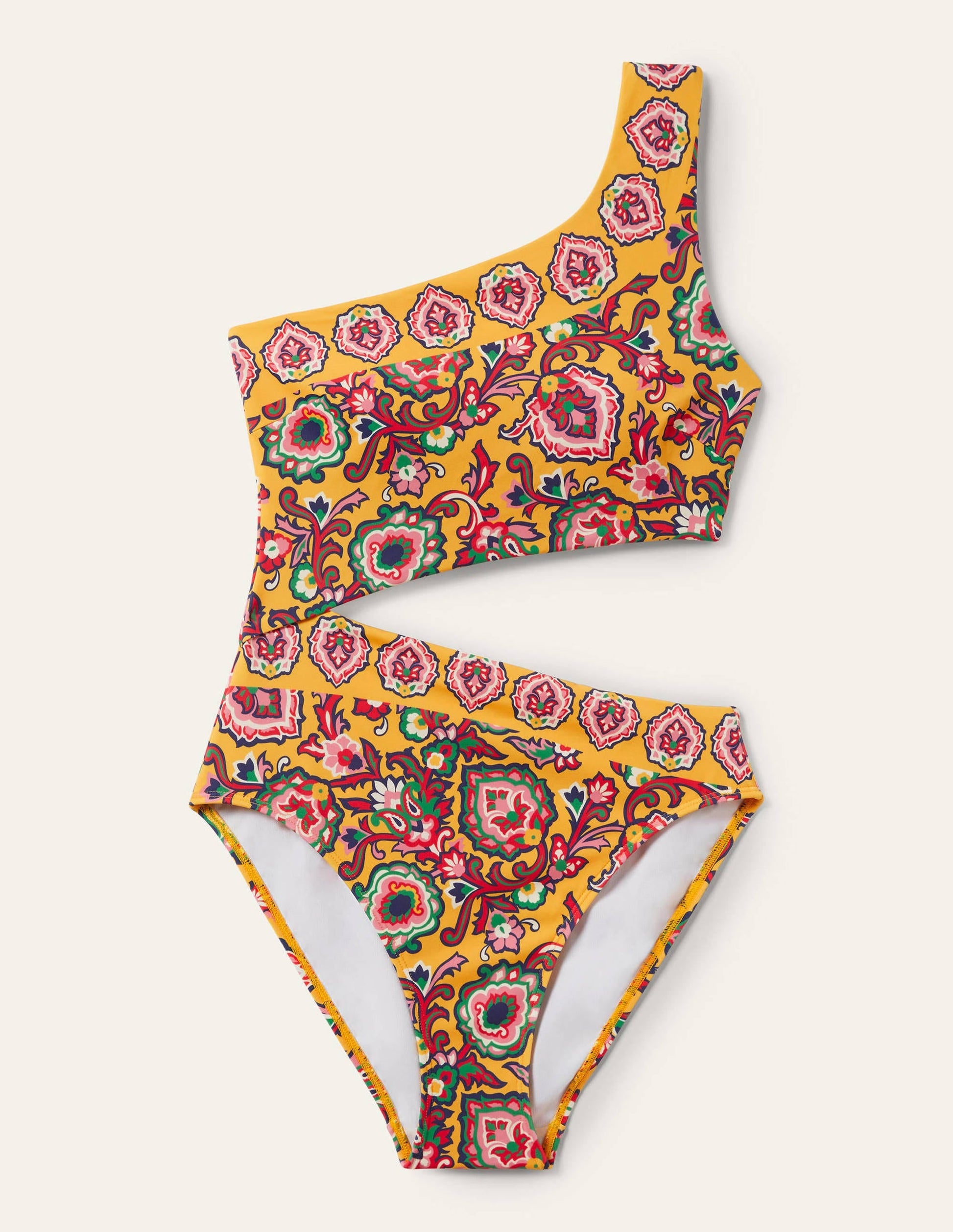 One Shoulder Cut Out Swimsuit-Honeycomb, Decorative Blooms-7