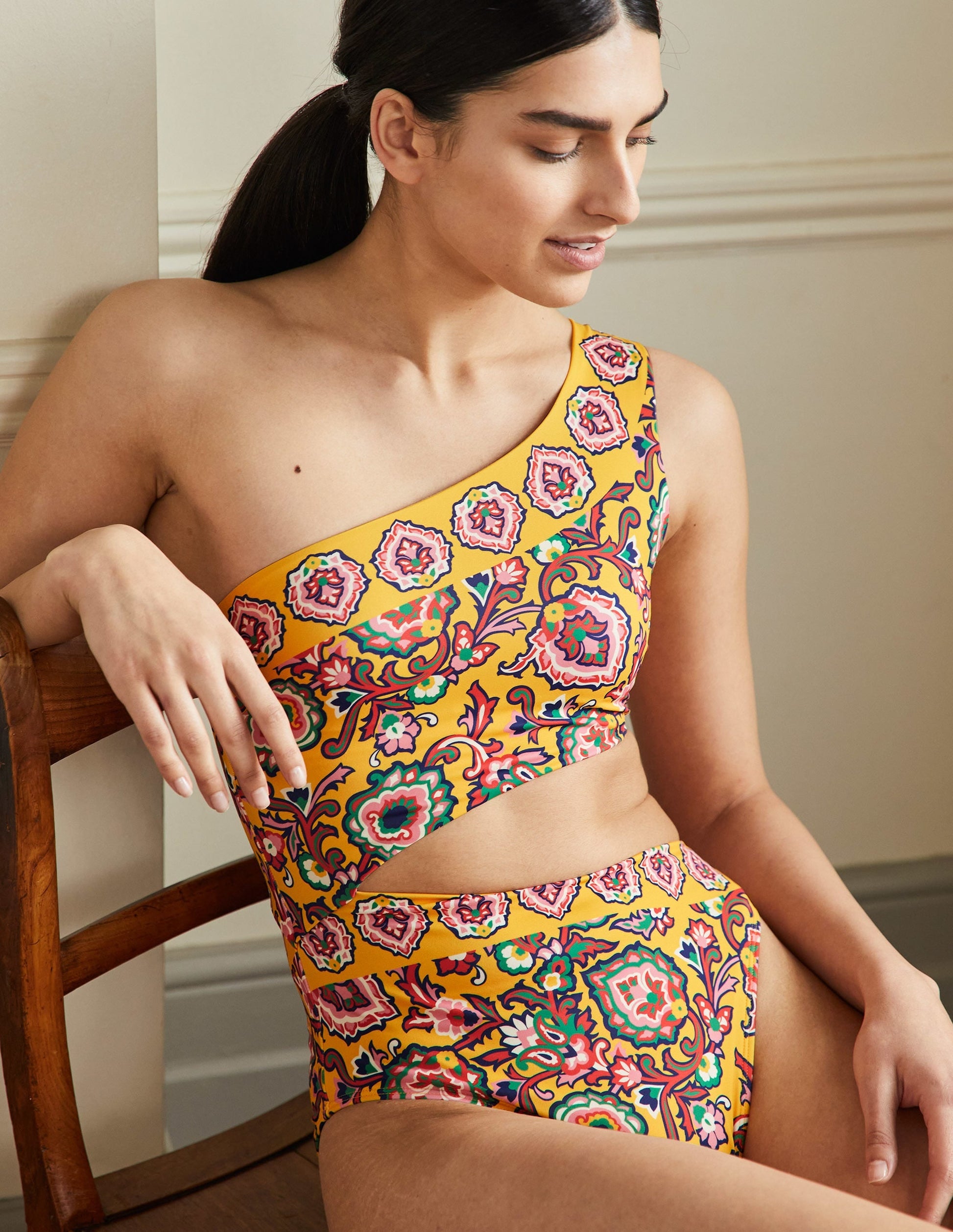 One Shoulder Cut Out Swimsuit-Honeycomb, Decorative Blooms-4