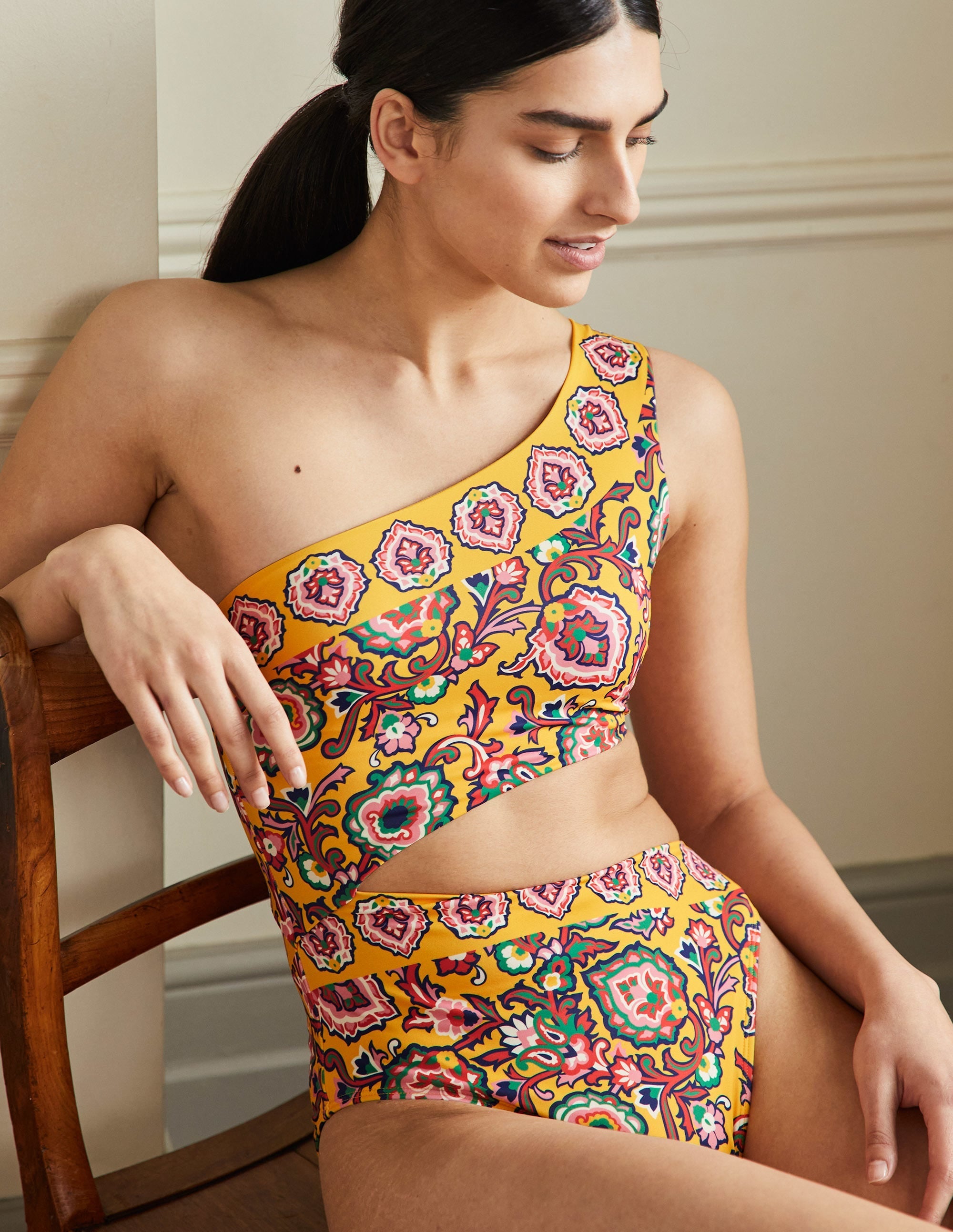 One Shoulder Cut Out Swimsuit-Honeycomb, Decorative Blooms - Image 4