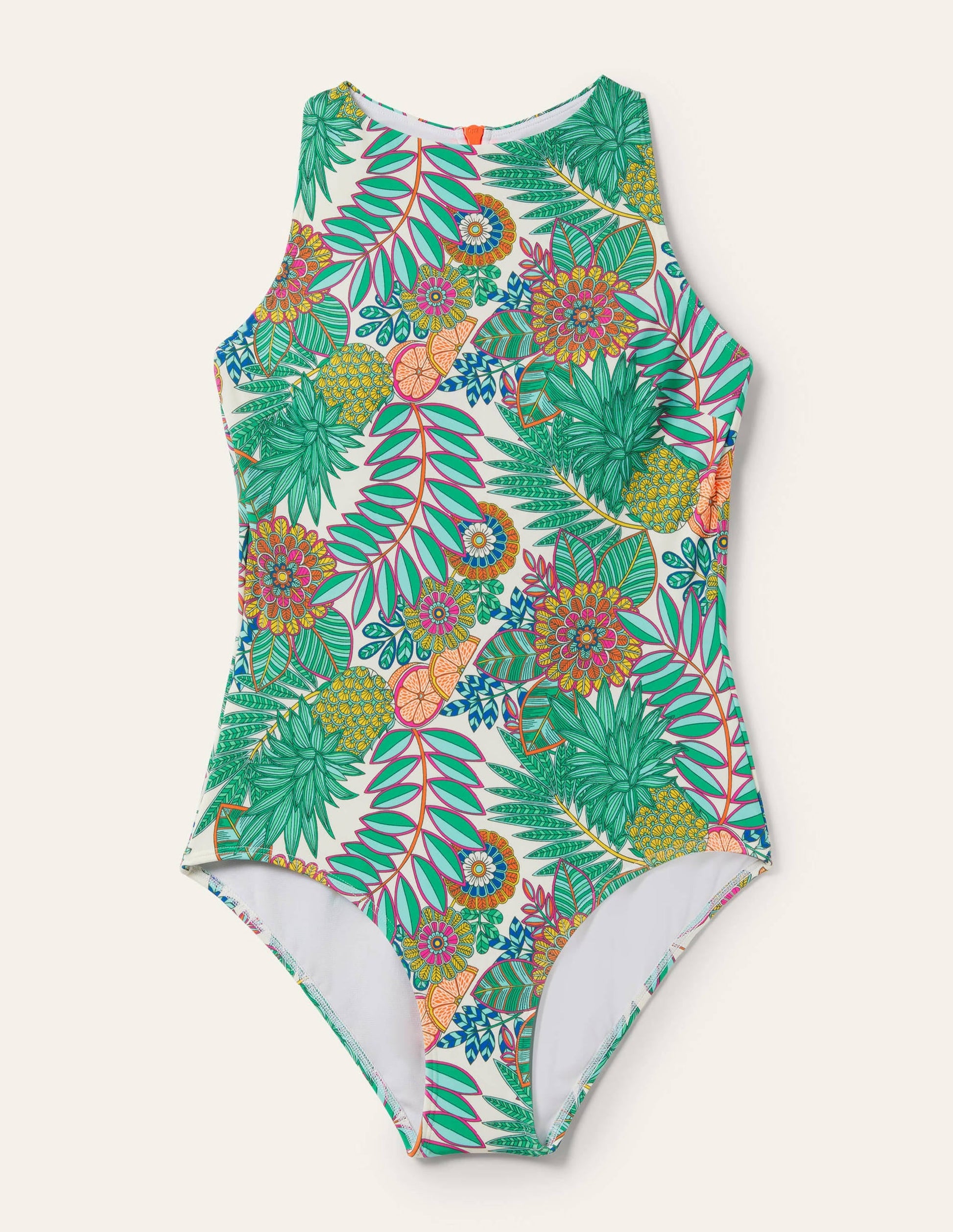 High Neck Racer Swimsuit-Ivory, Pineapple Bloom-5