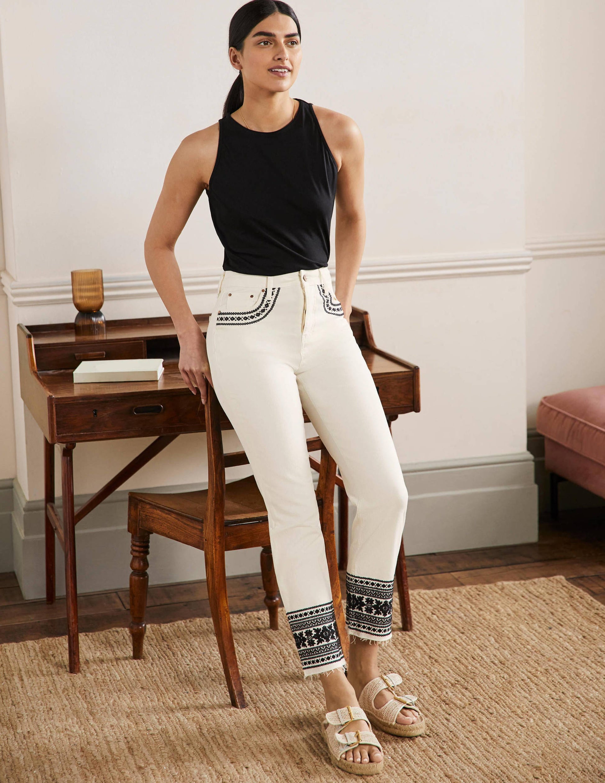 Relaxed Straight Jeans-Ecru/ Black Embroidery-1