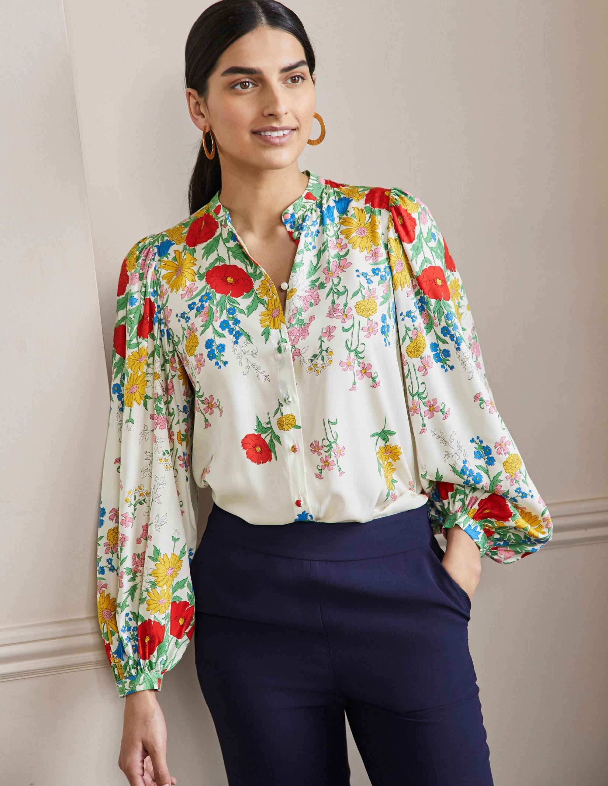 Blouson Sleeve Blouse-Ivory,  Botanical Terrace - Image 1