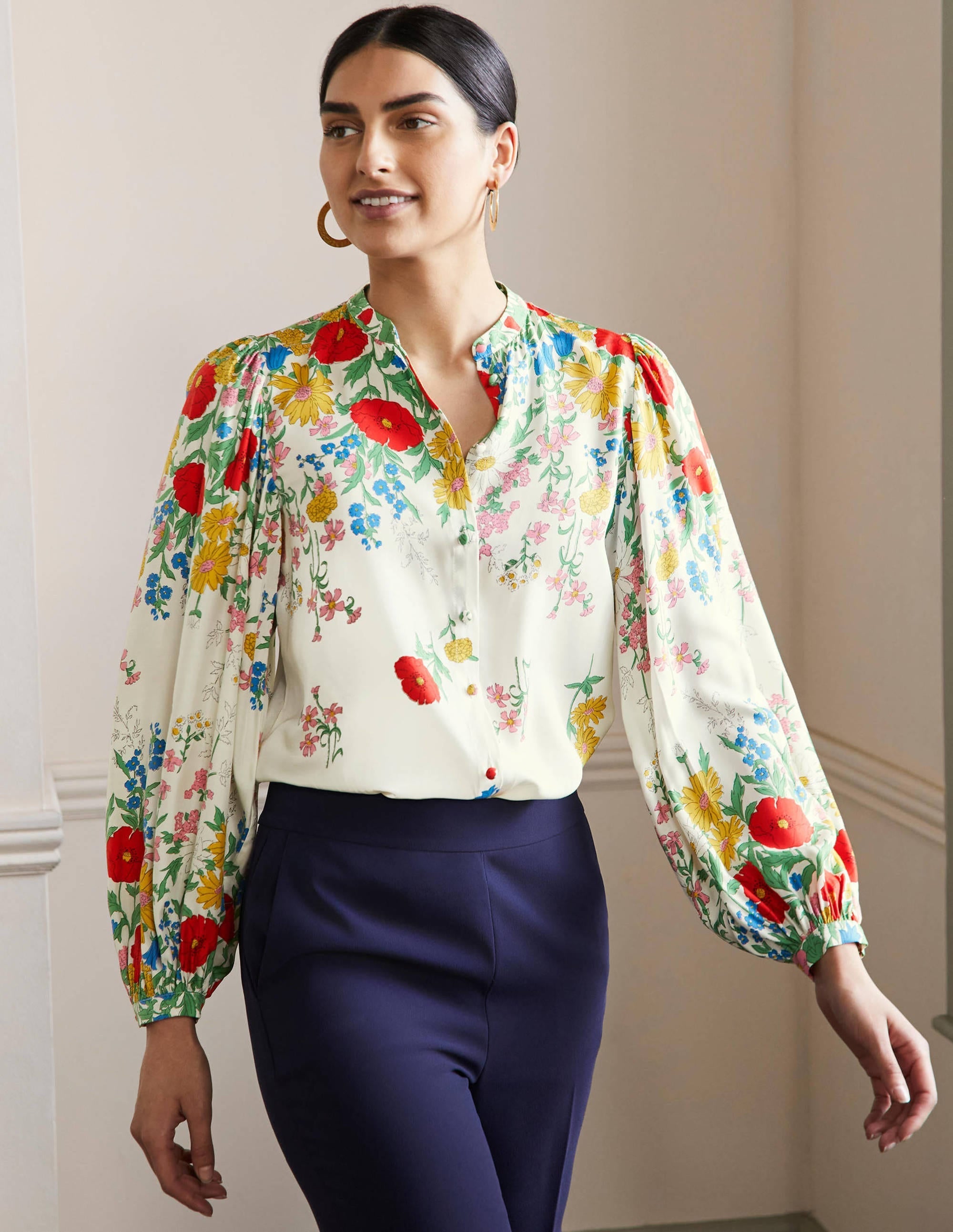 Blouson Sleeve Blouse-Ivory,  Botanical Terrace - Image 4