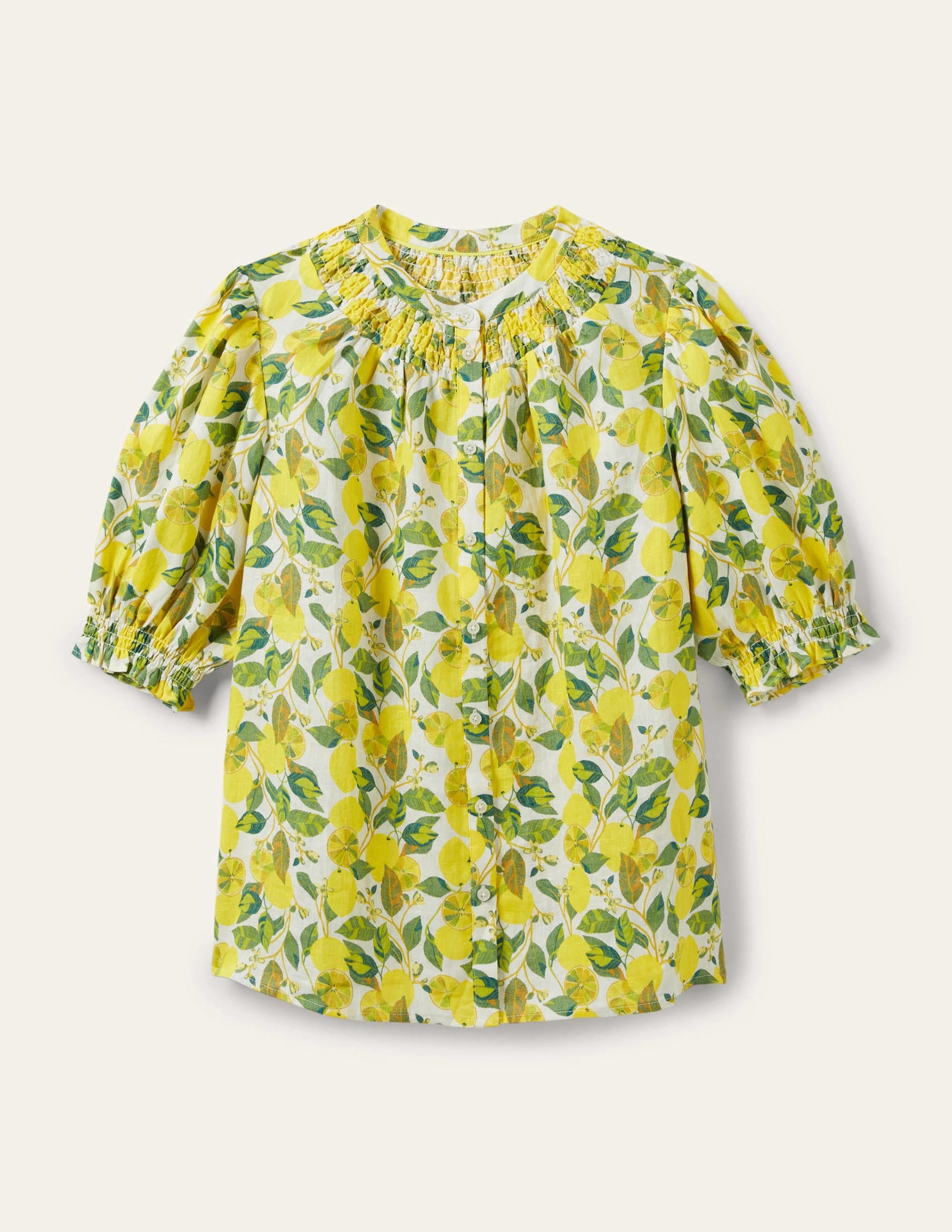 Smocked Short Sleeve Blouse-Ivory, Lemon Vine-6