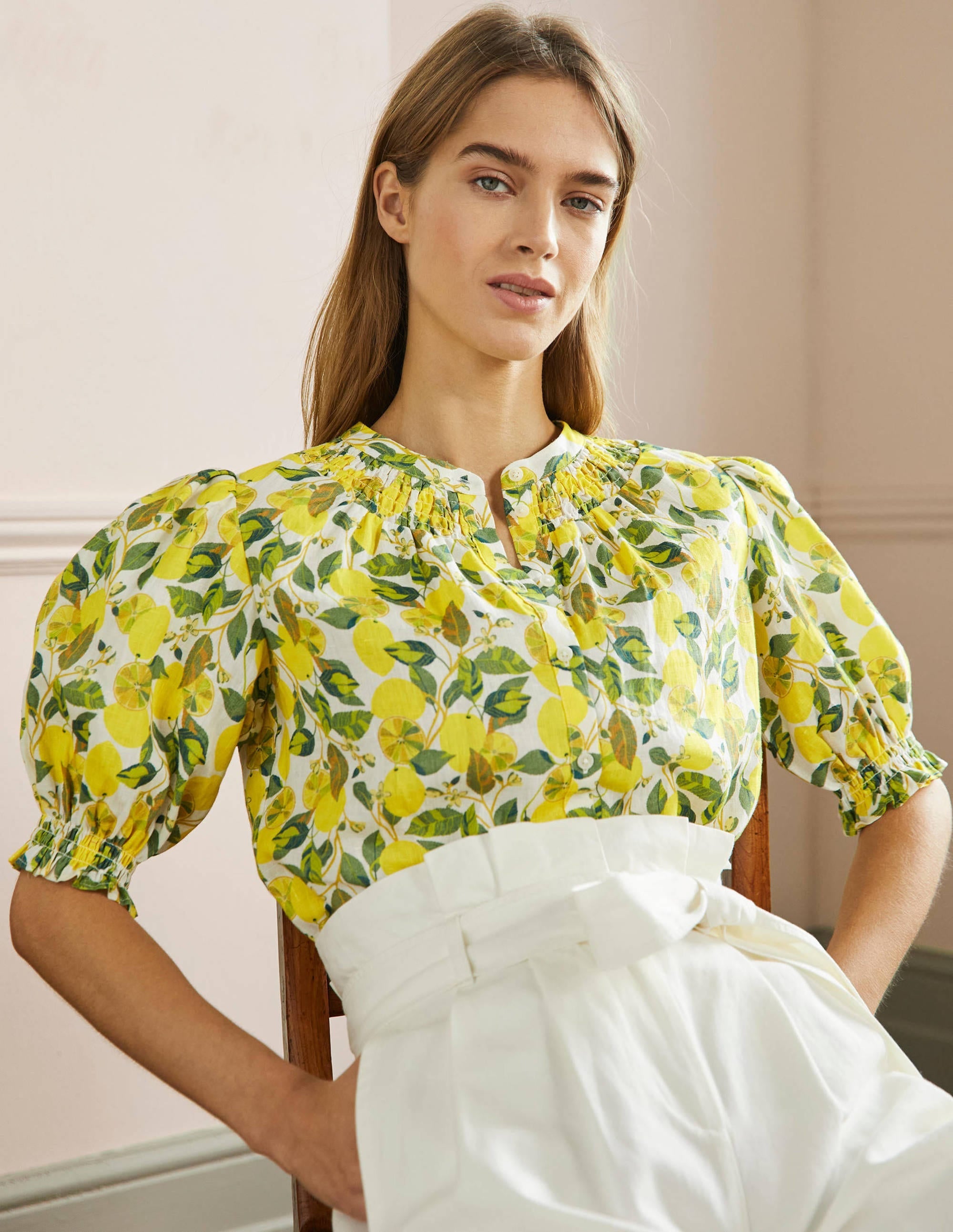 Smocked Short Sleeve Blouse-Ivory, Lemon Vine - Image 1