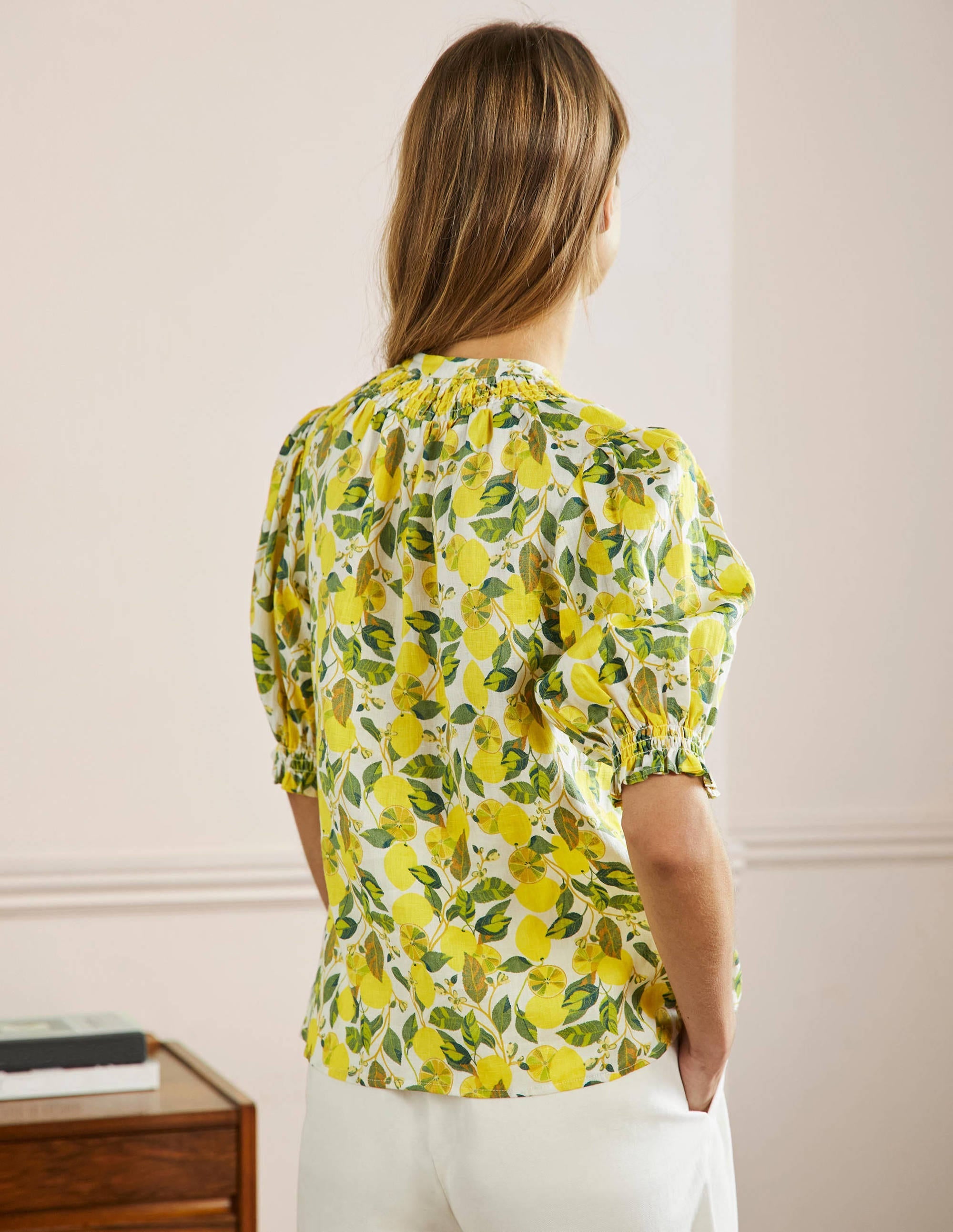 Smocked Short Sleeve Blouse-Ivory, Lemon Vine - Image 3