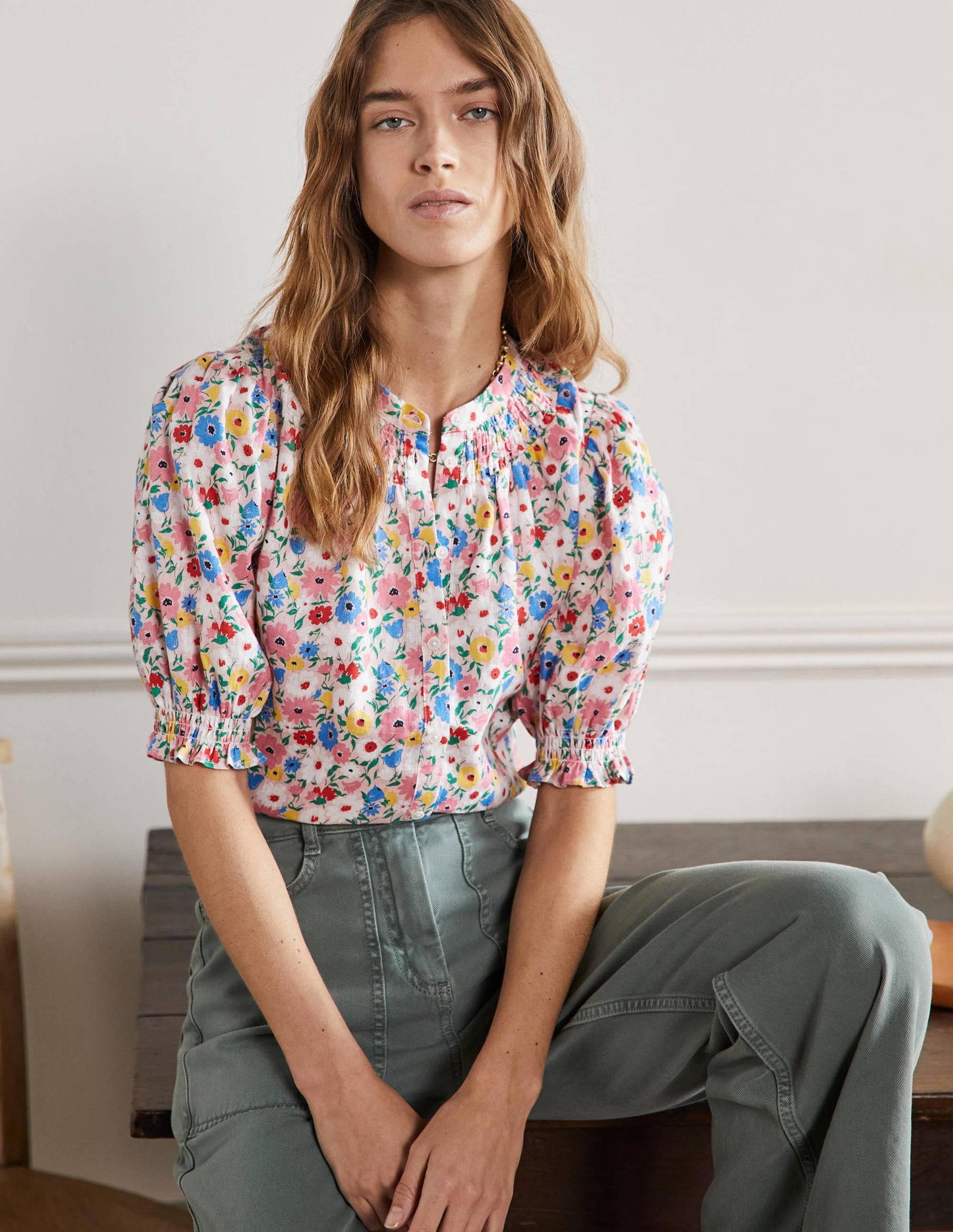 Smocked Short Sleeve Blouse-Milkshake, Elegant Bloom-1