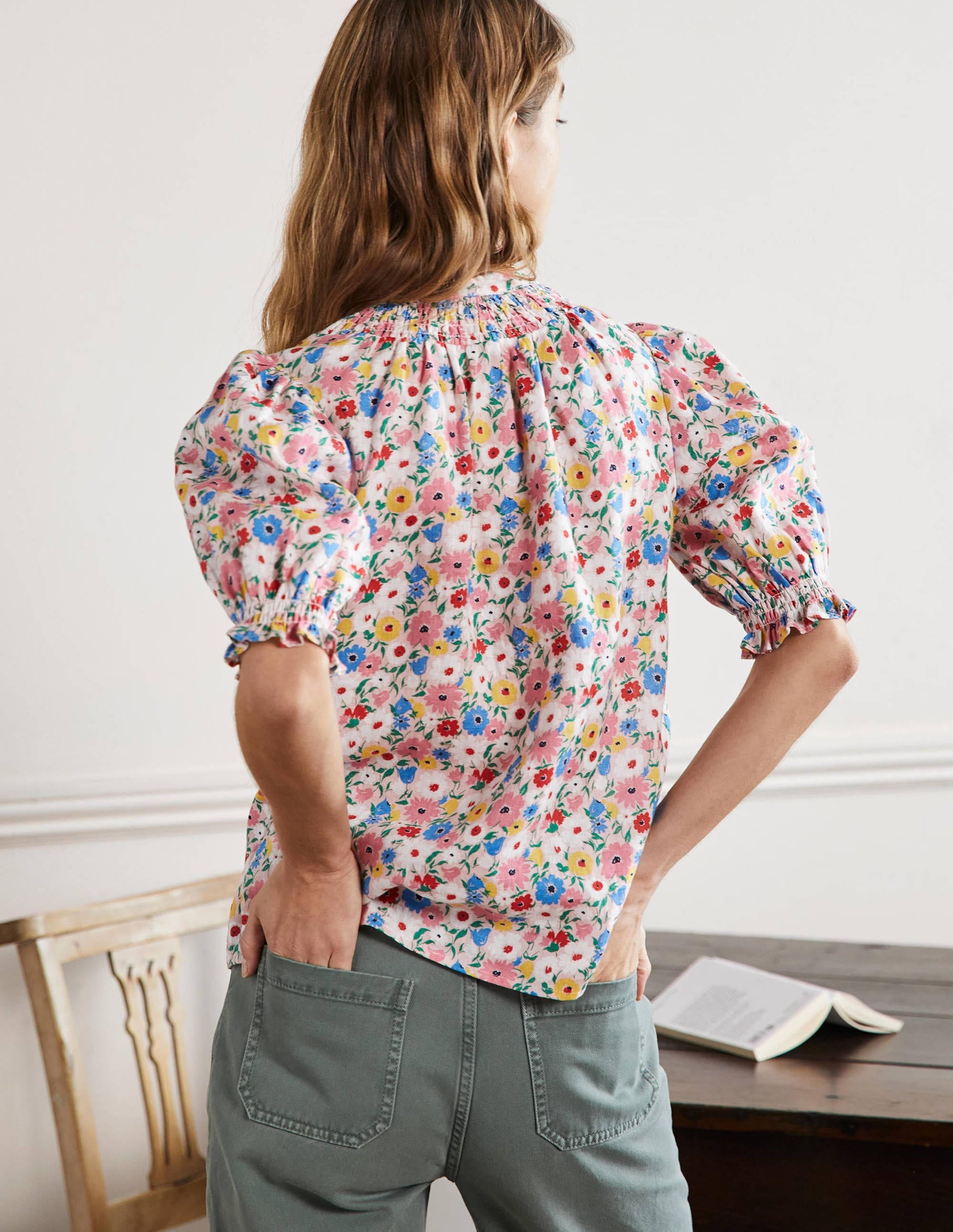 Smocked Short Sleeve Blouse-Milkshake, Elegant Bloom - Image 3