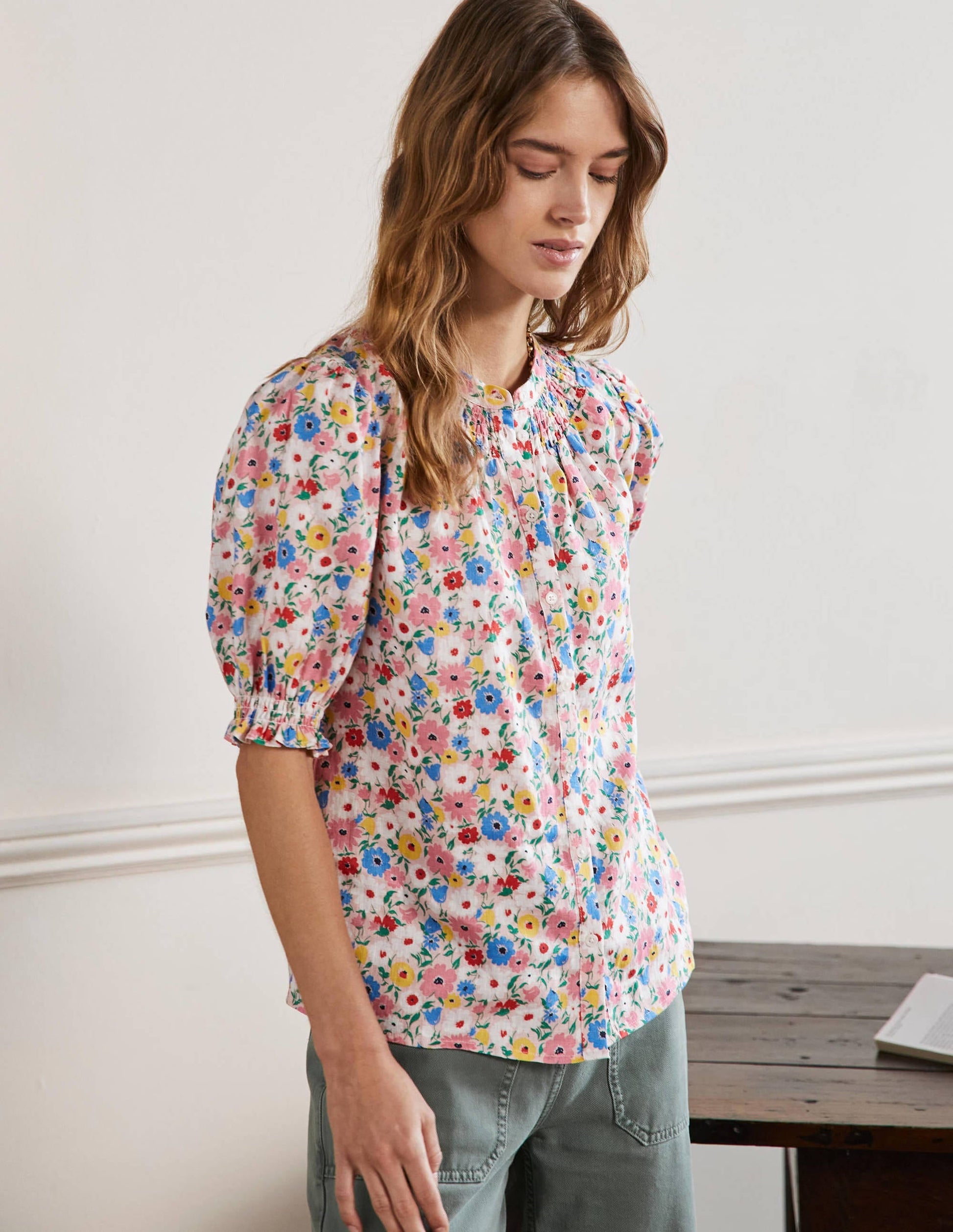 Smocked Short Sleeve Blouse-Milkshake, Elegant Bloom-4