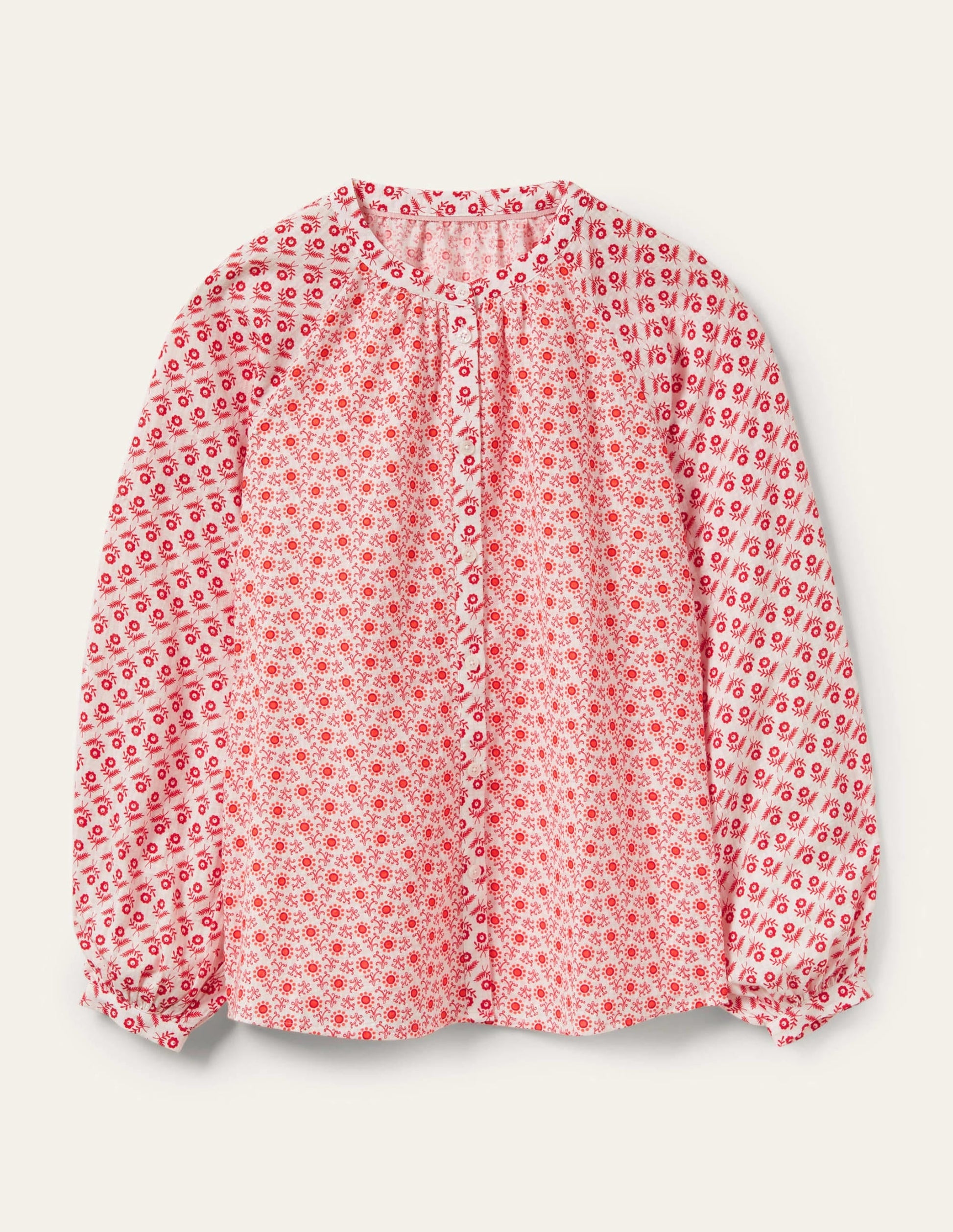 Full Sleeve Raglan Blouse-Ivory, Floret Geo-6