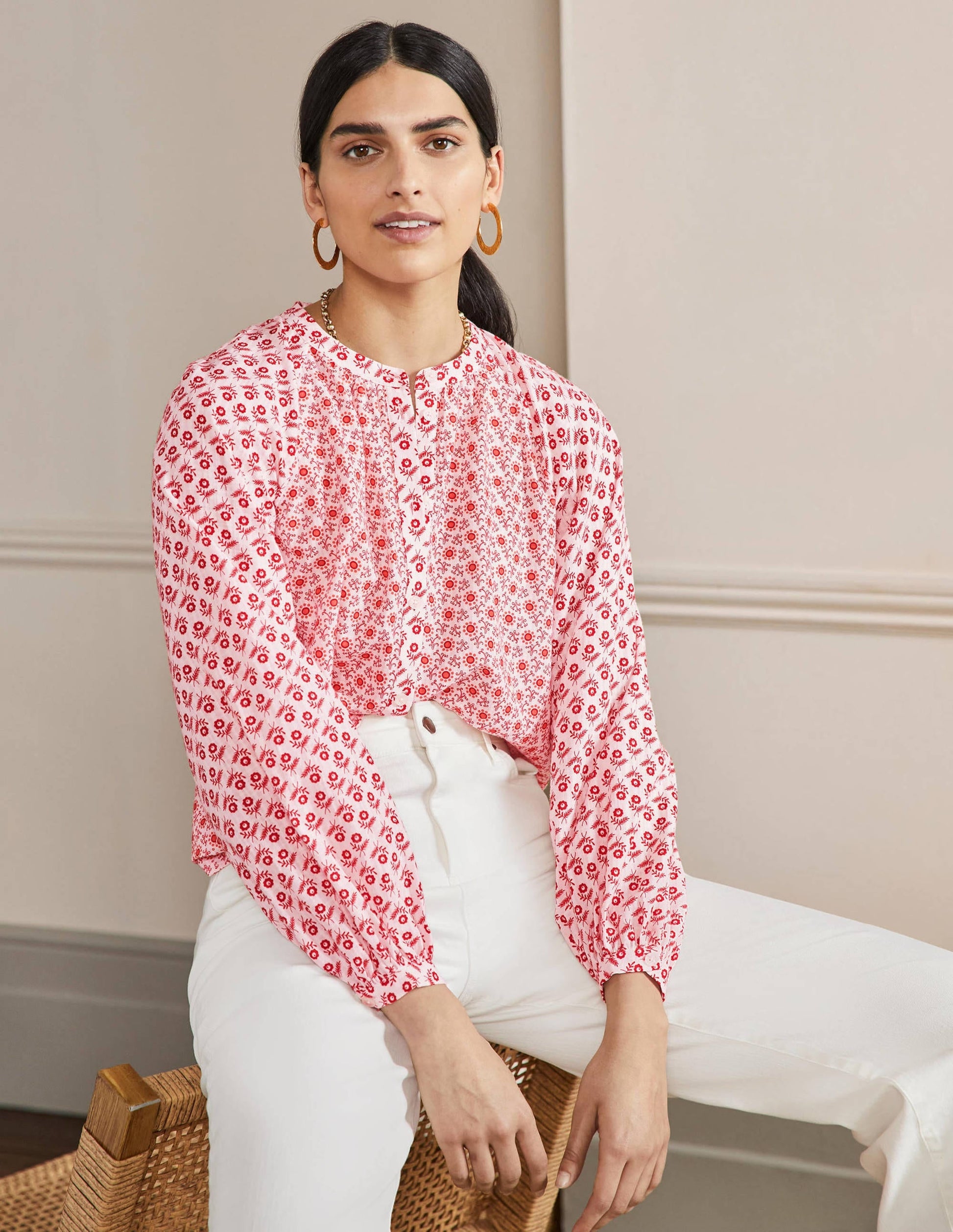 Full Sleeve Raglan Blouse-Ivory, Floret Geo-1