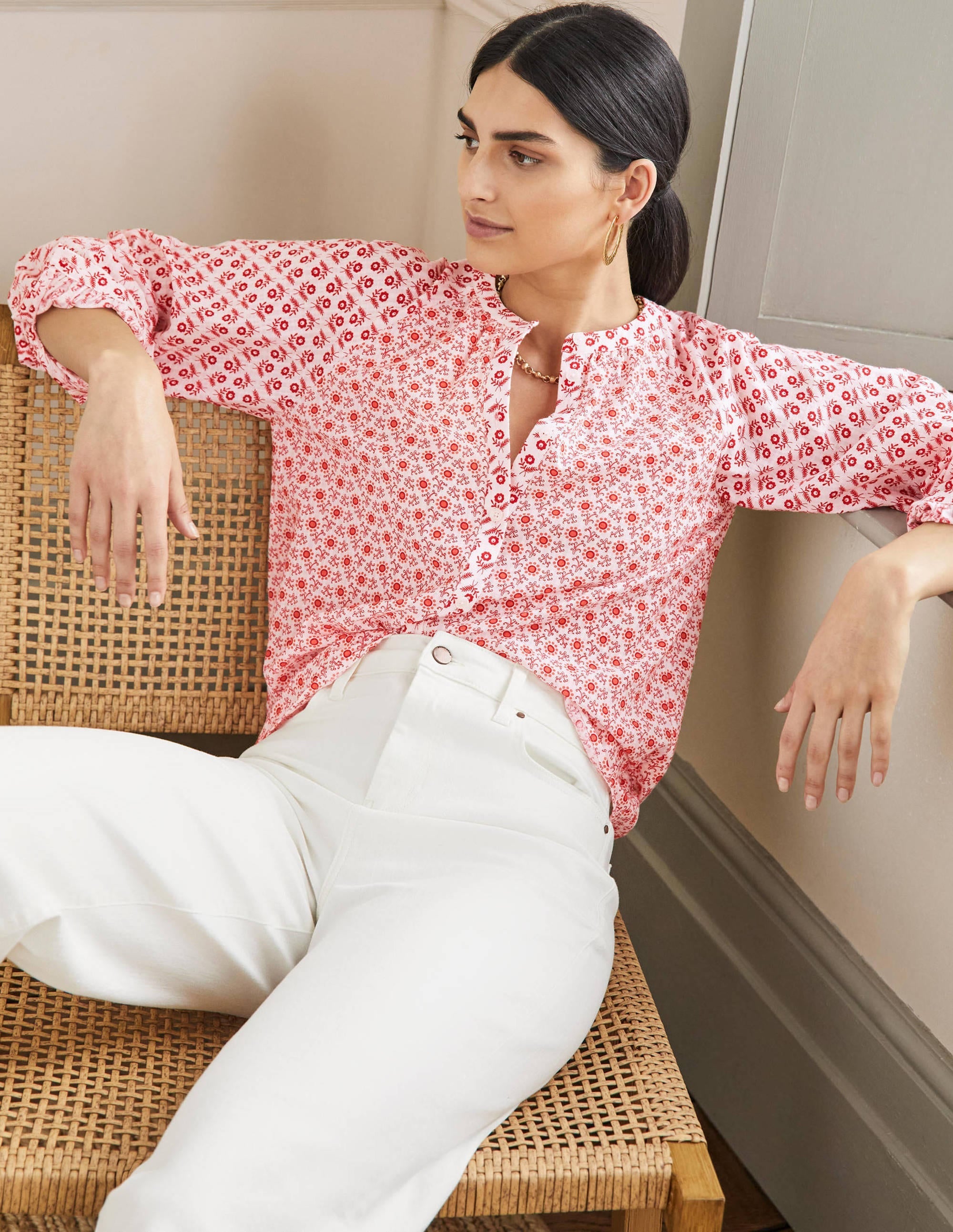 Full Sleeve Raglan Blouse-Ivory, Floret Geo - Image 5