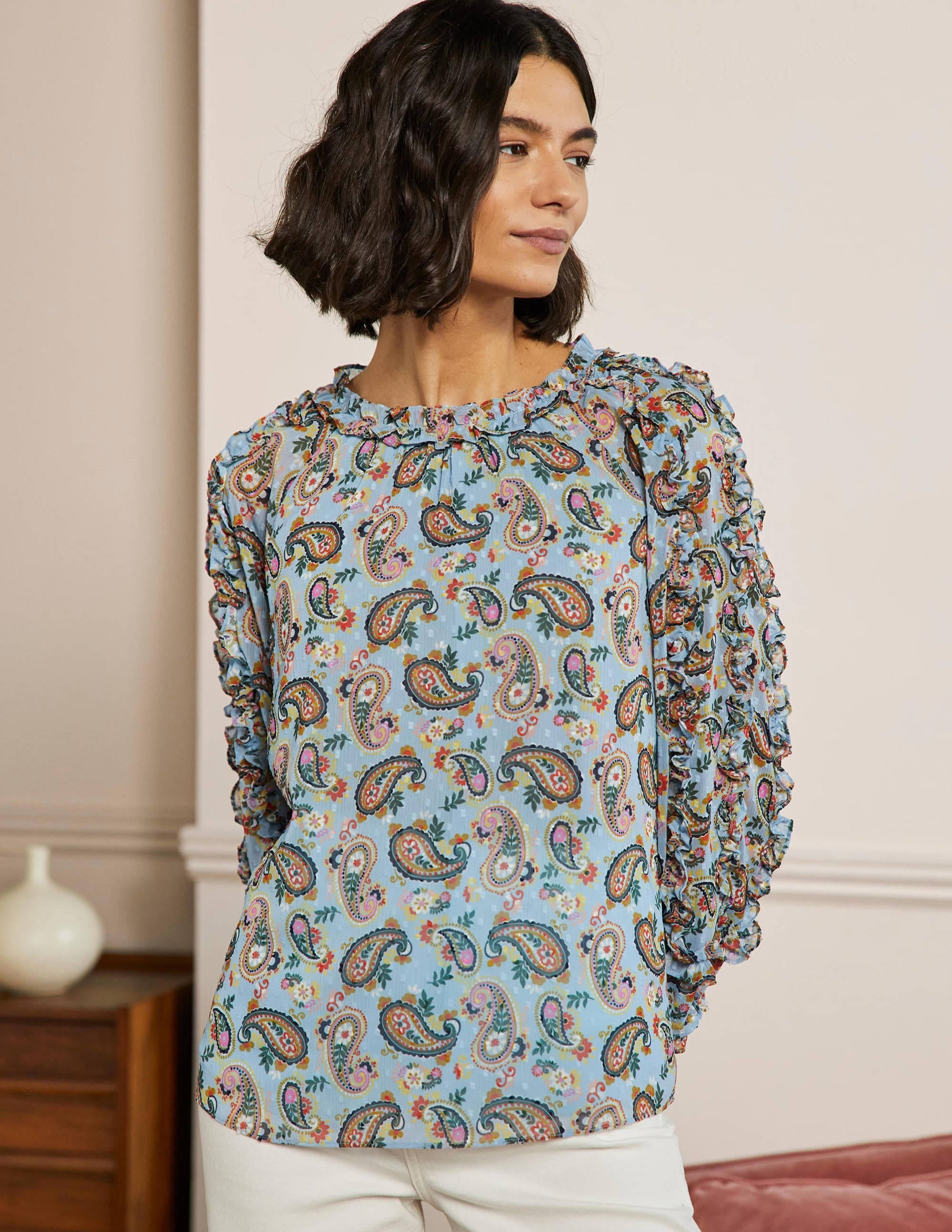Ruffle Detail Raglan Blouse-Dusty Blue, Paisley Bloom - Image 1