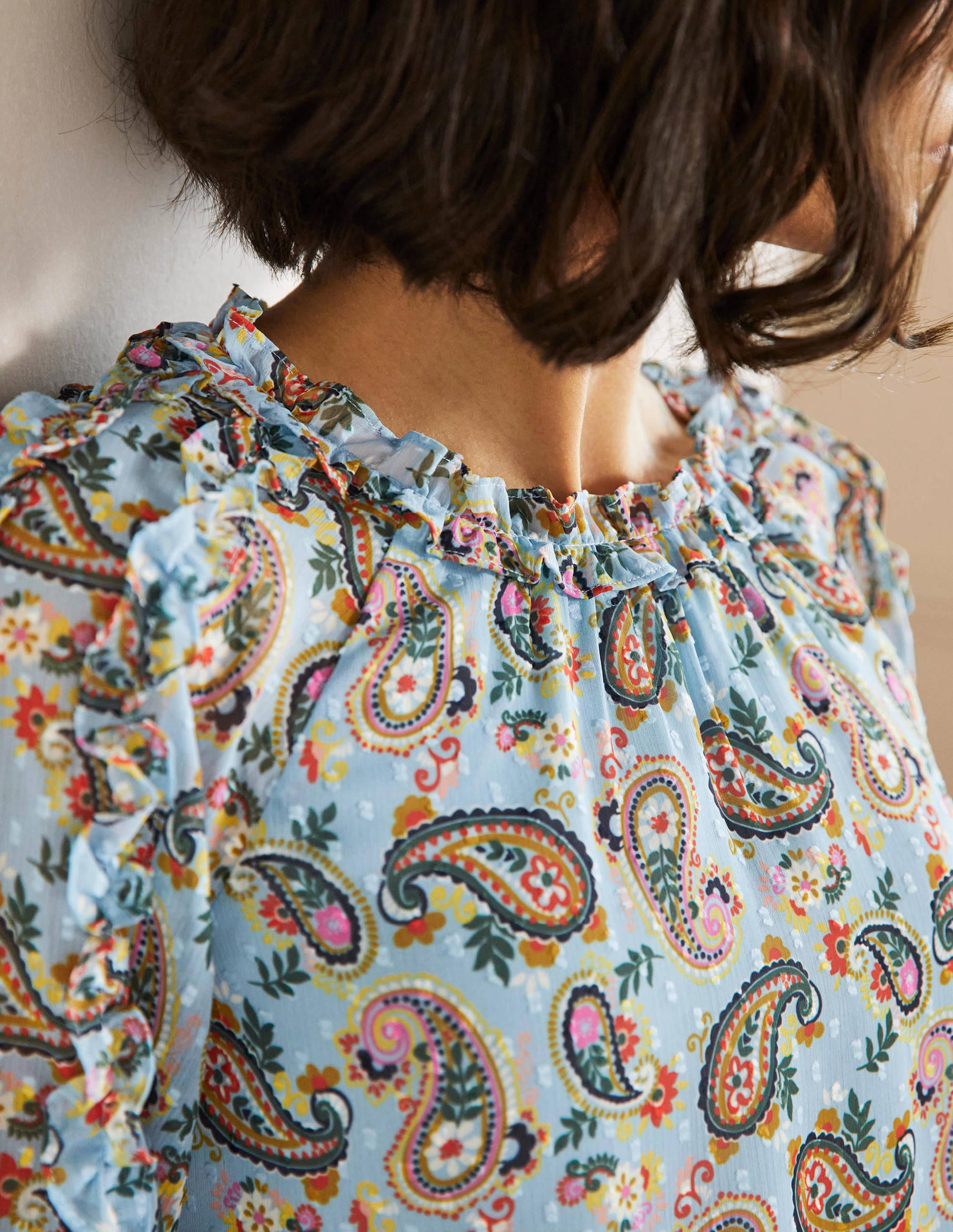 Ruffle Detail Raglan Blouse-Dusty Blue, Paisley Bloom - Image 2