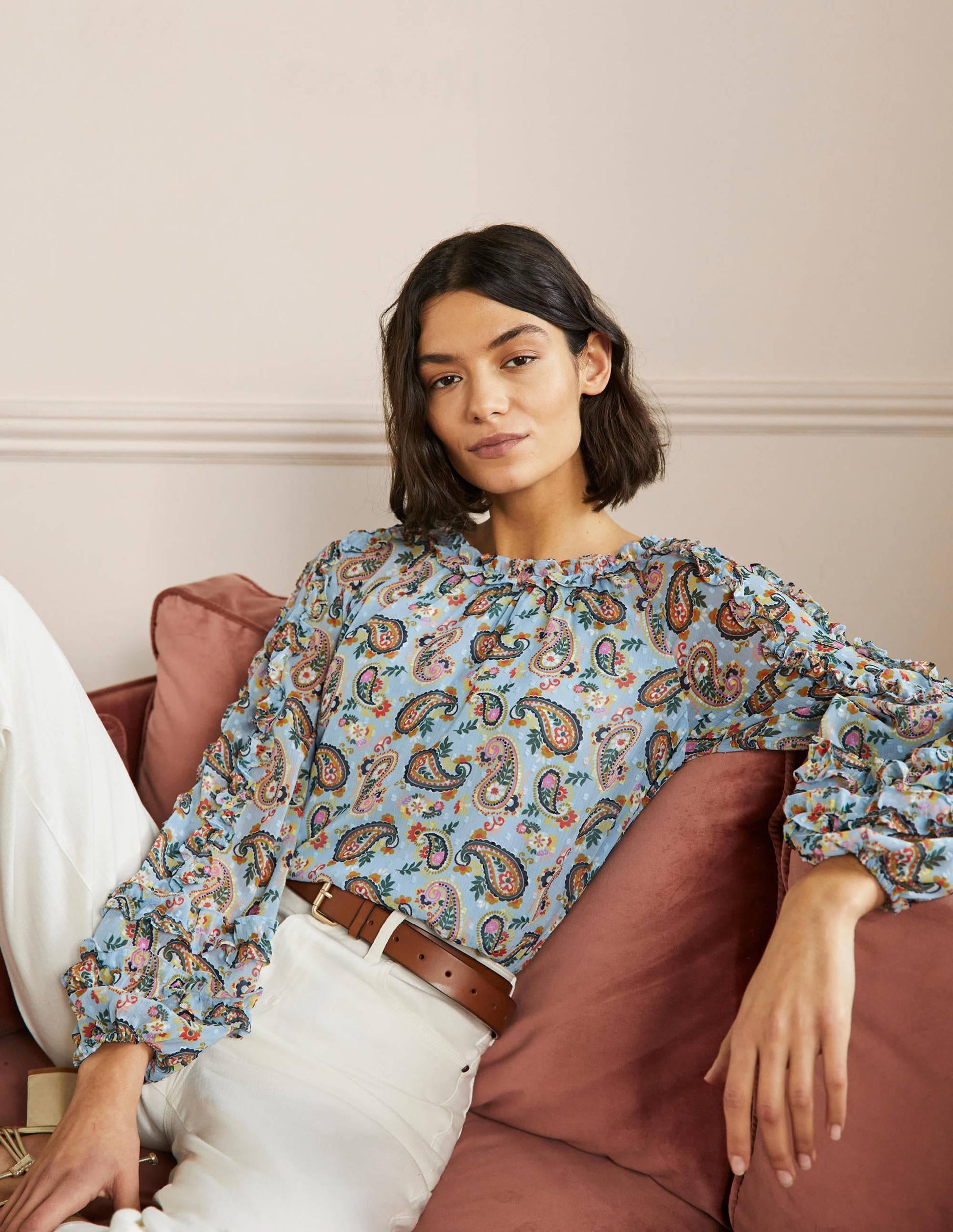 Ruffle Detail Raglan Blouse-Dusty Blue, Paisley Bloom-4