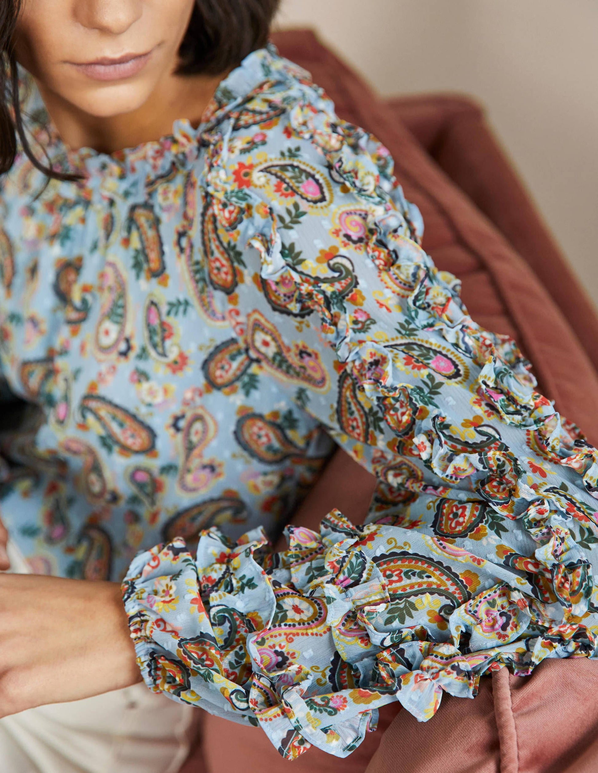 Ruffle Detail Raglan Blouse-Dusty Blue, Paisley Bloom-5