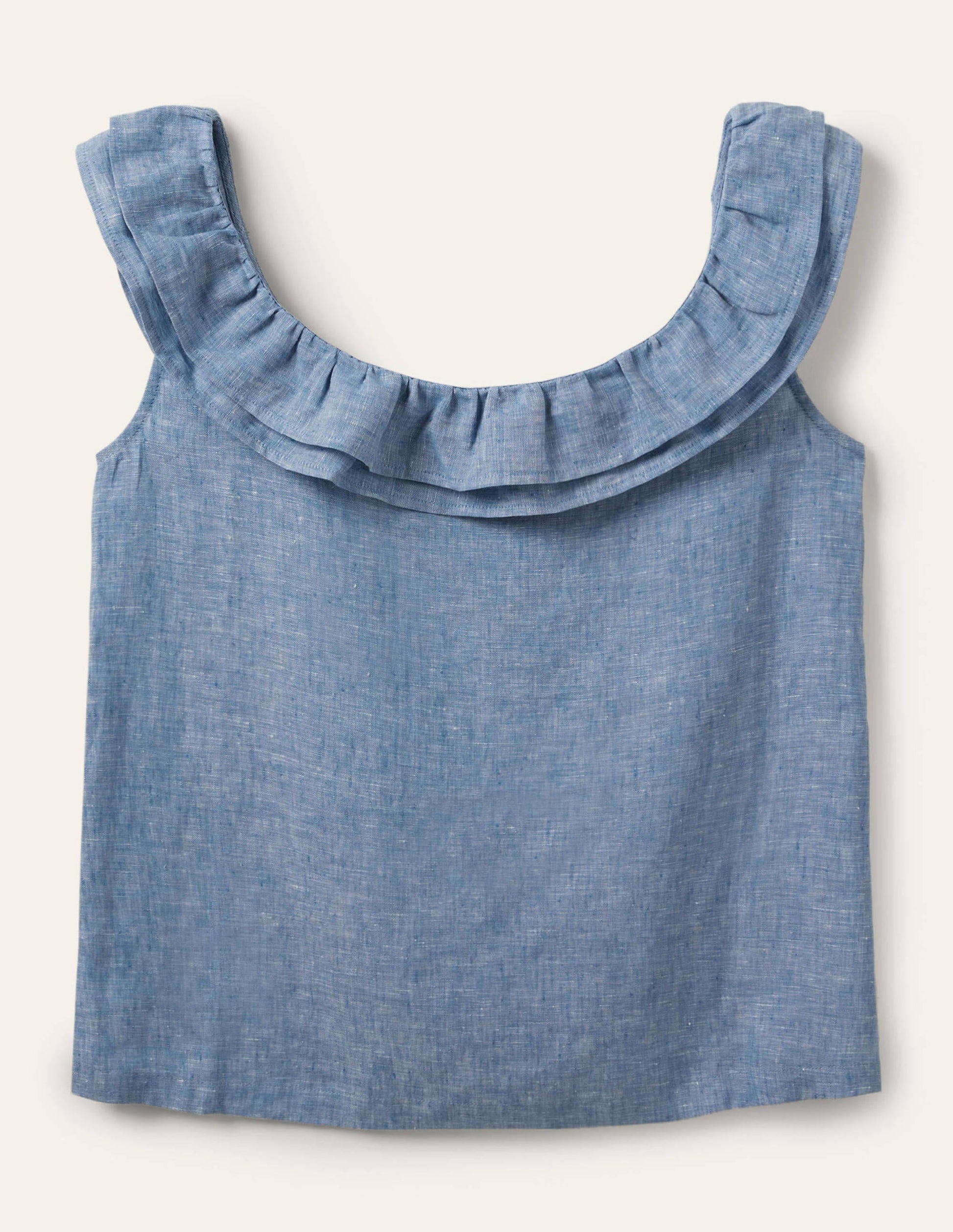 Sleeveless Ruffle Linen Top-Chambray-5