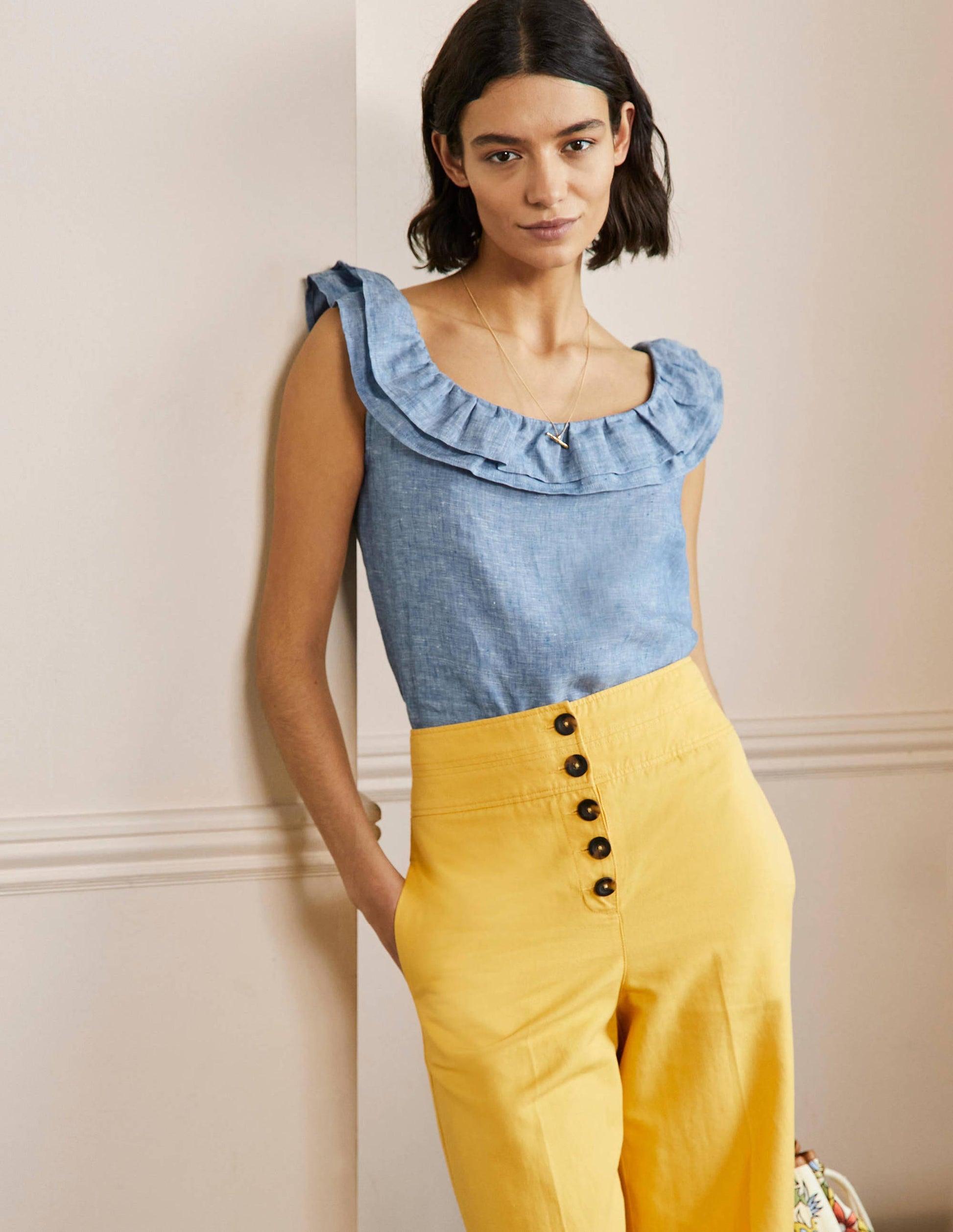 Sleeveless Ruffle Linen Top-Chambray-1